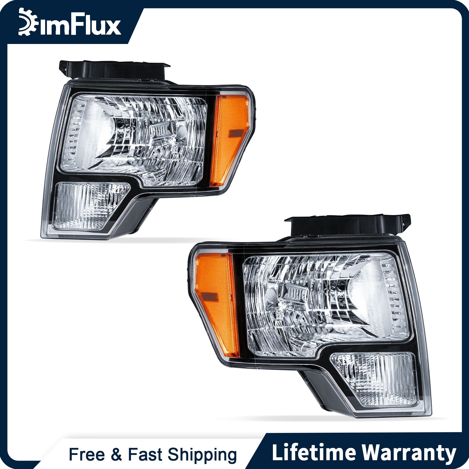 DimFlux Headlights for 2009-2014 Ford F150 F-150 Amber Reflector Chrome Housing DimFlux Headlights for 2009-2014 Ford F150 F-150 Amber Reflector Chrome Housing