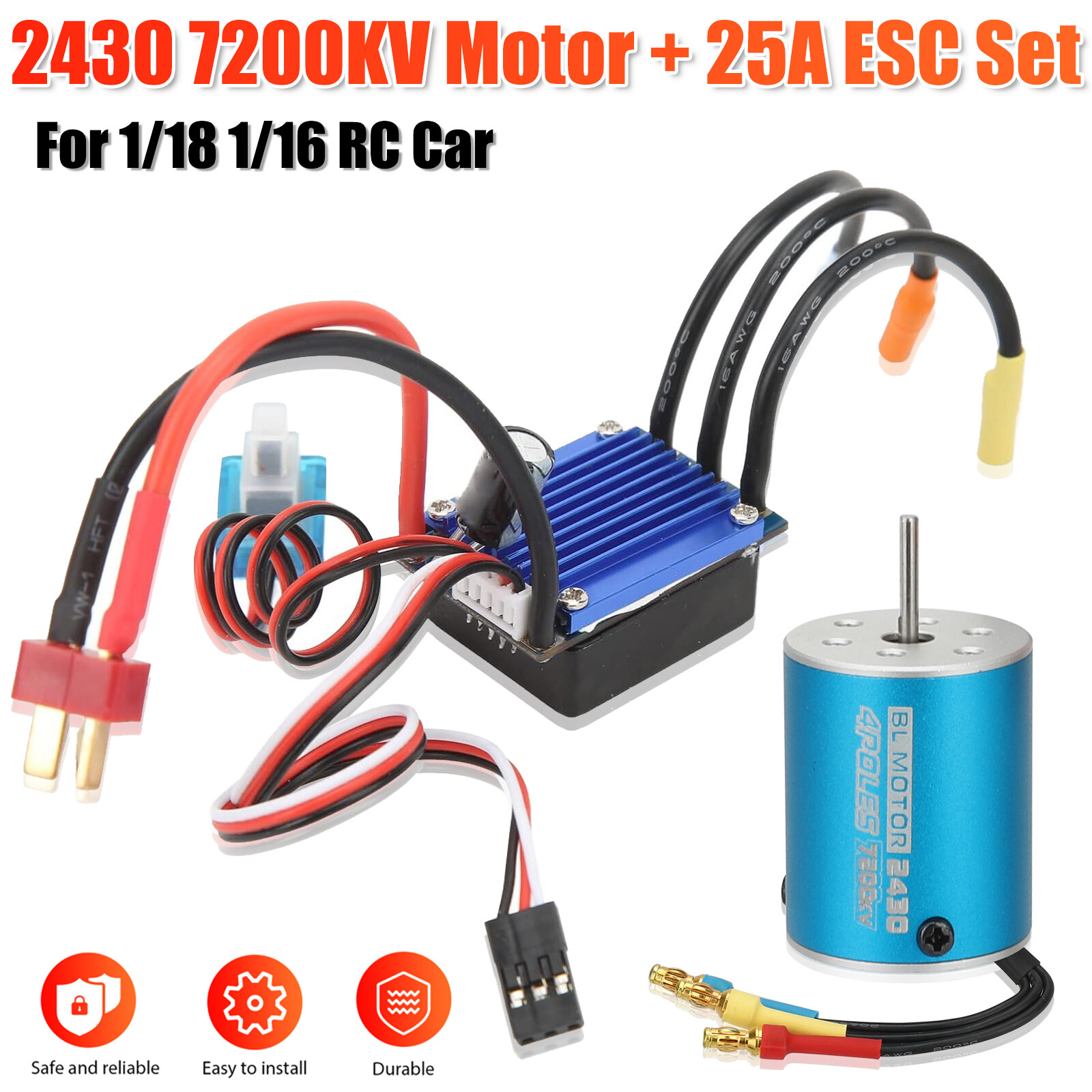 2430 7200KV Brushless Motor + 25A ESC Combo Set 3.5mm Plug for 1/18 1/16 RC Car