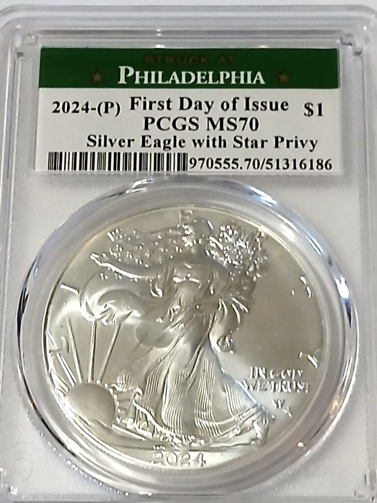 2024 (P) First Day Issue American Eagle Silver Dollar Star Privy 1 oz PCGS MS70