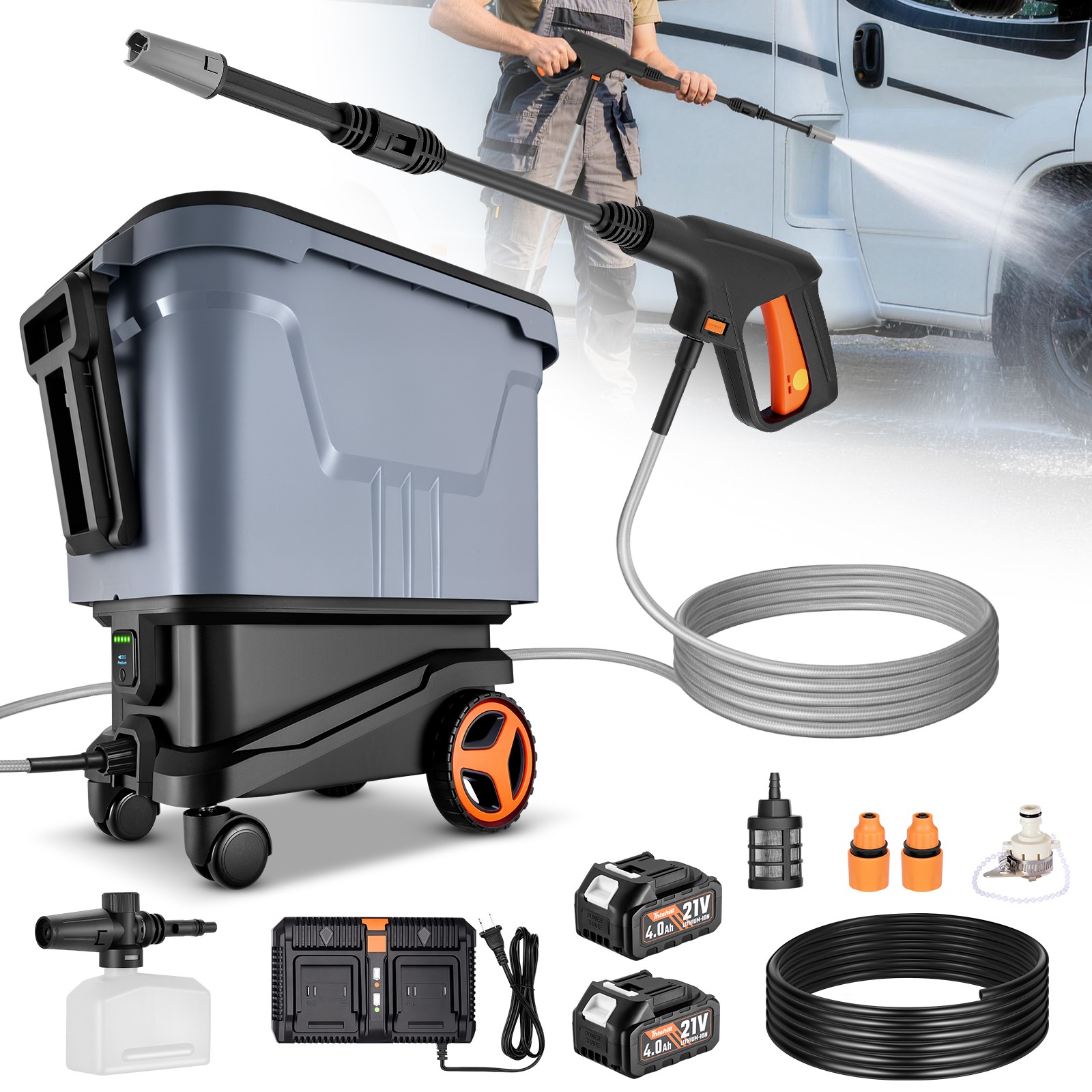 21V Electric Washer 2000 PSI Portable with 4 Wheels & Multi-Use Tank