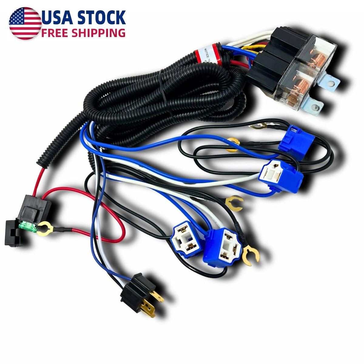 4-Headlight Relay Wiring Harness H4 Headlamp Light Bulb Ceramic Socket Plugs Set