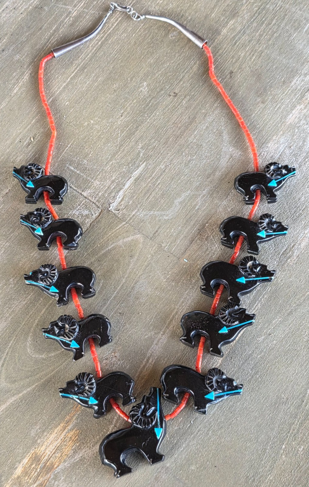 Zuni Vintage Ram Jet Turquoise Heartline Inlaid Coral Heishi Fetish Necklace