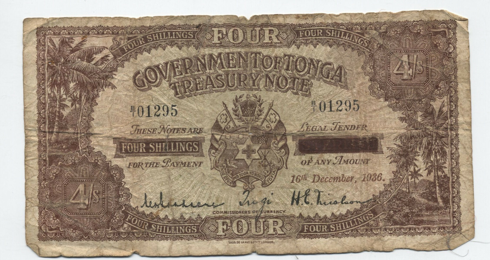 1936 Tonga 4 shilling note #5 [y6402]
