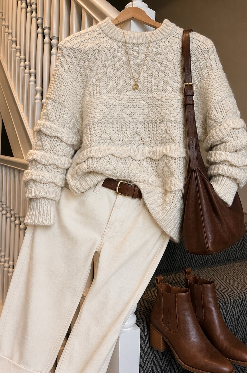 H&M Cream Cable Knit Ruffle Sweater Size M Cozy Chunky Scandanavian-style