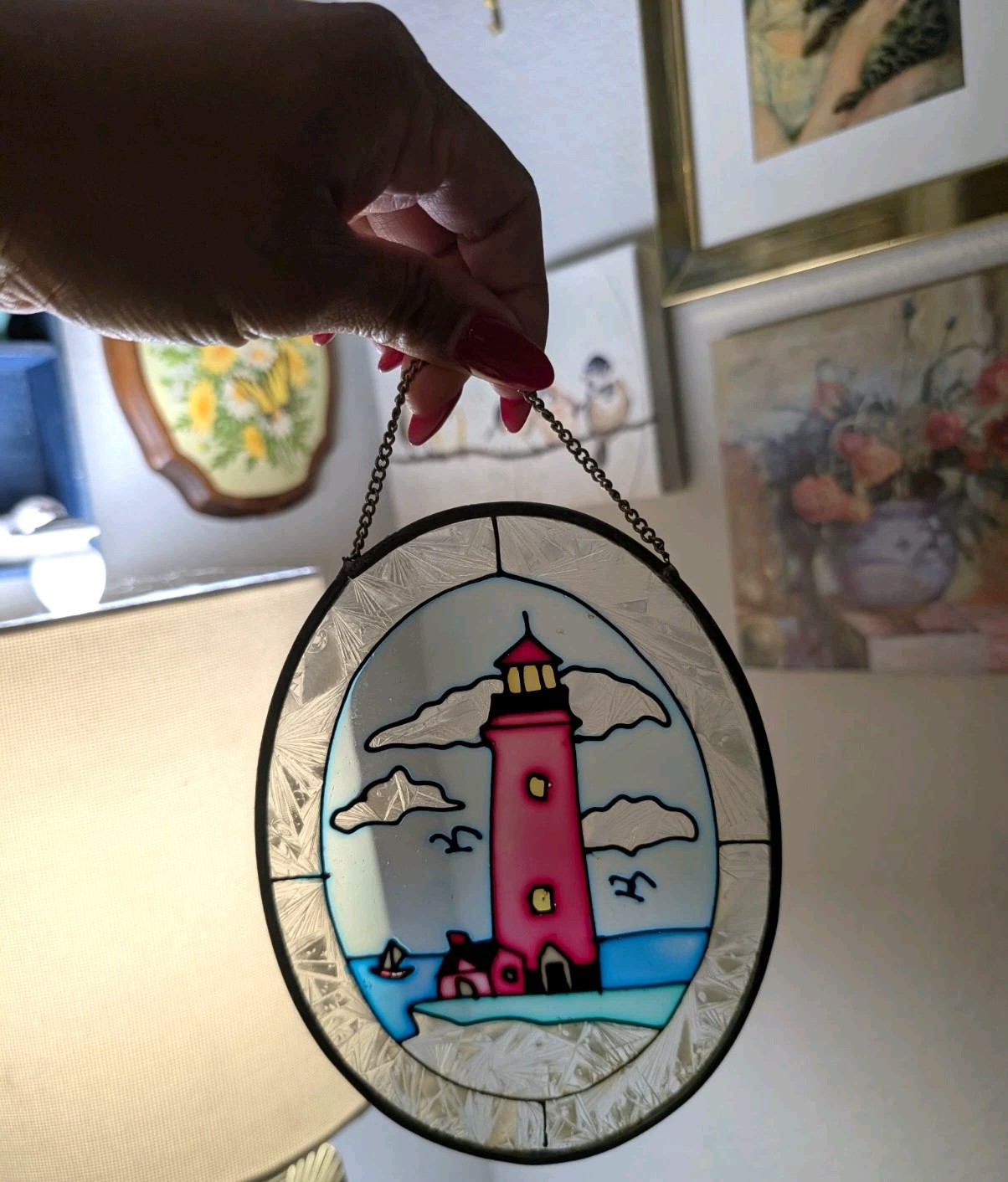 Vtg Stained Glass Lighthouse Scene Oval Hanging Suncatcher Window Panel Multi Vtg Stained Glass Lighthouse Scene Oval Hanging Suncatcher Window Panel Multi