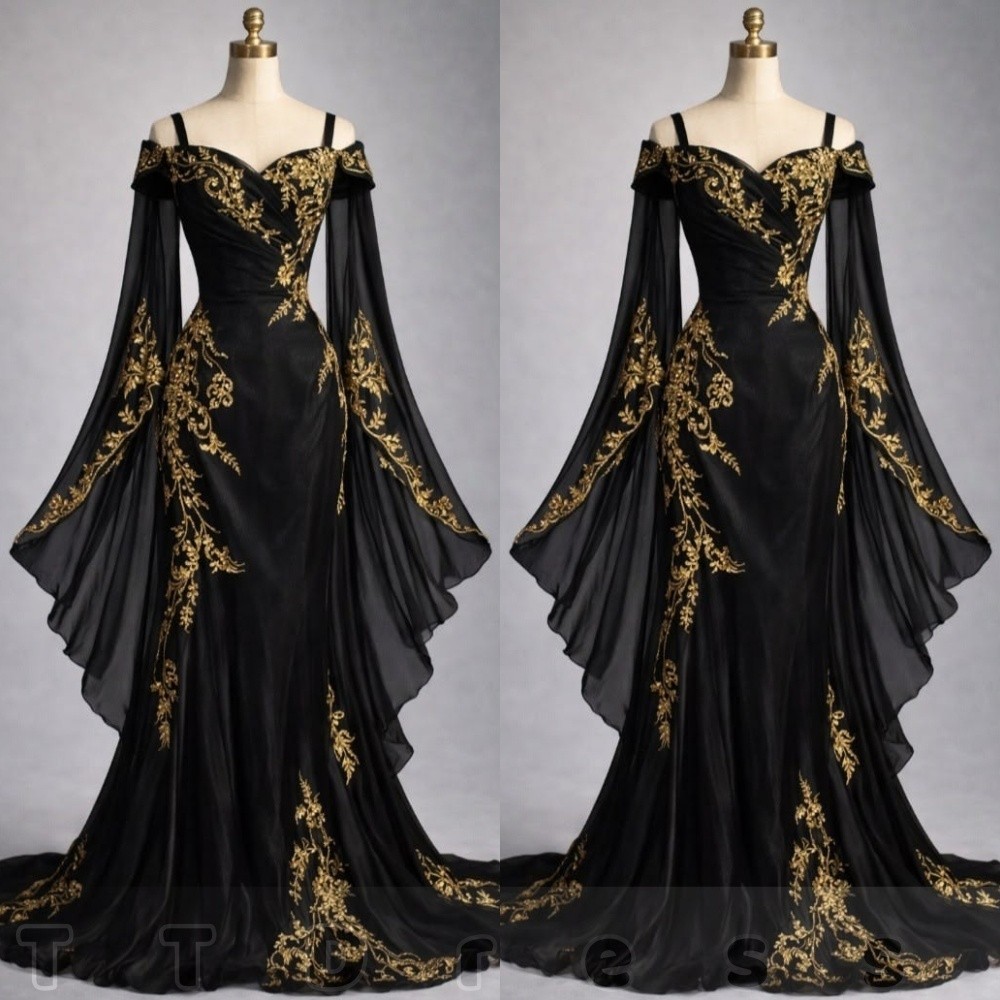 Gold Embroidered Evening Dress Gothic Black Mermaid Formal Prom Gown Ball Gown