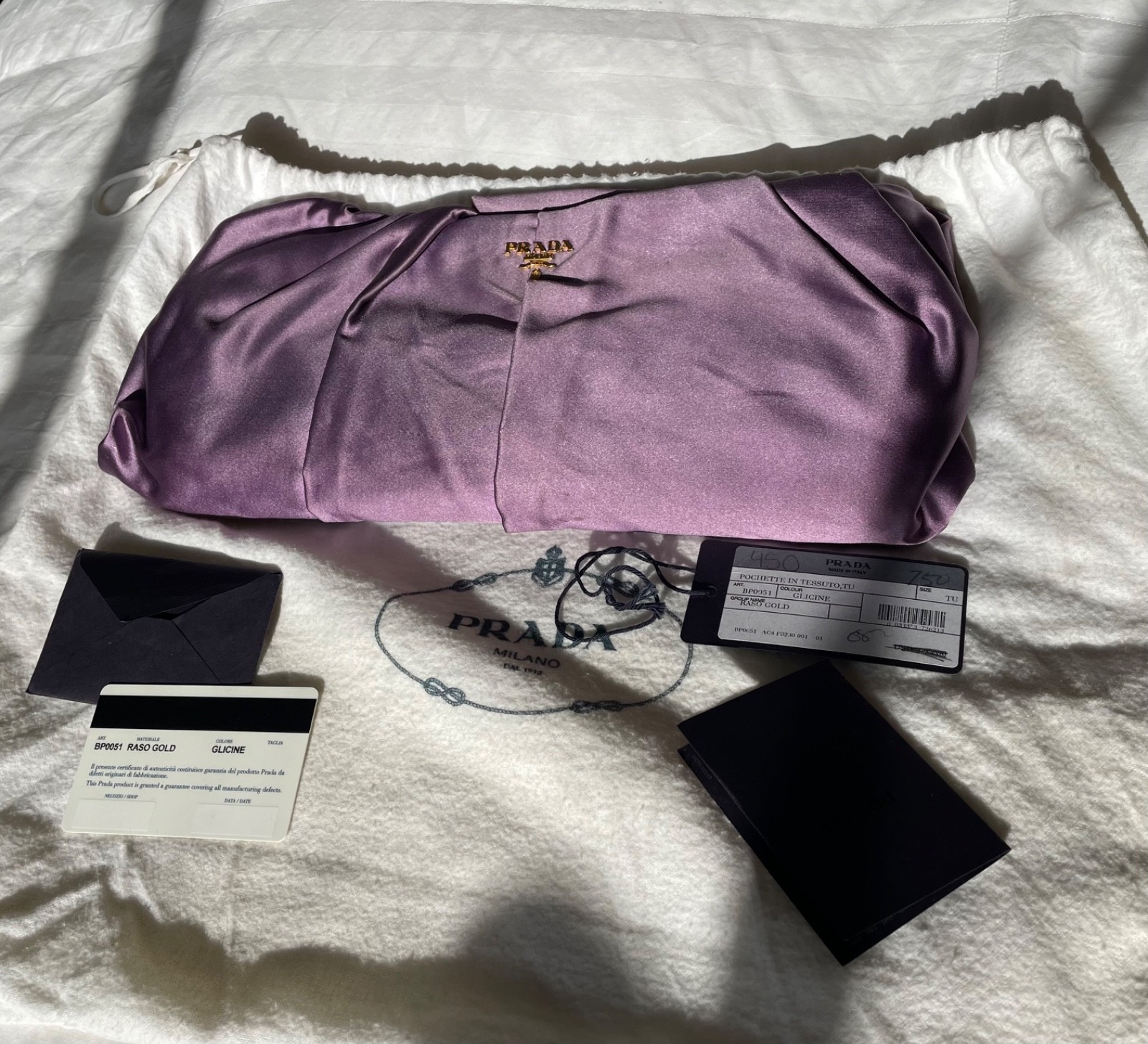 PRADA GLICINE Raso Gold Clutch Iris Lavender Preowned stunning lavender