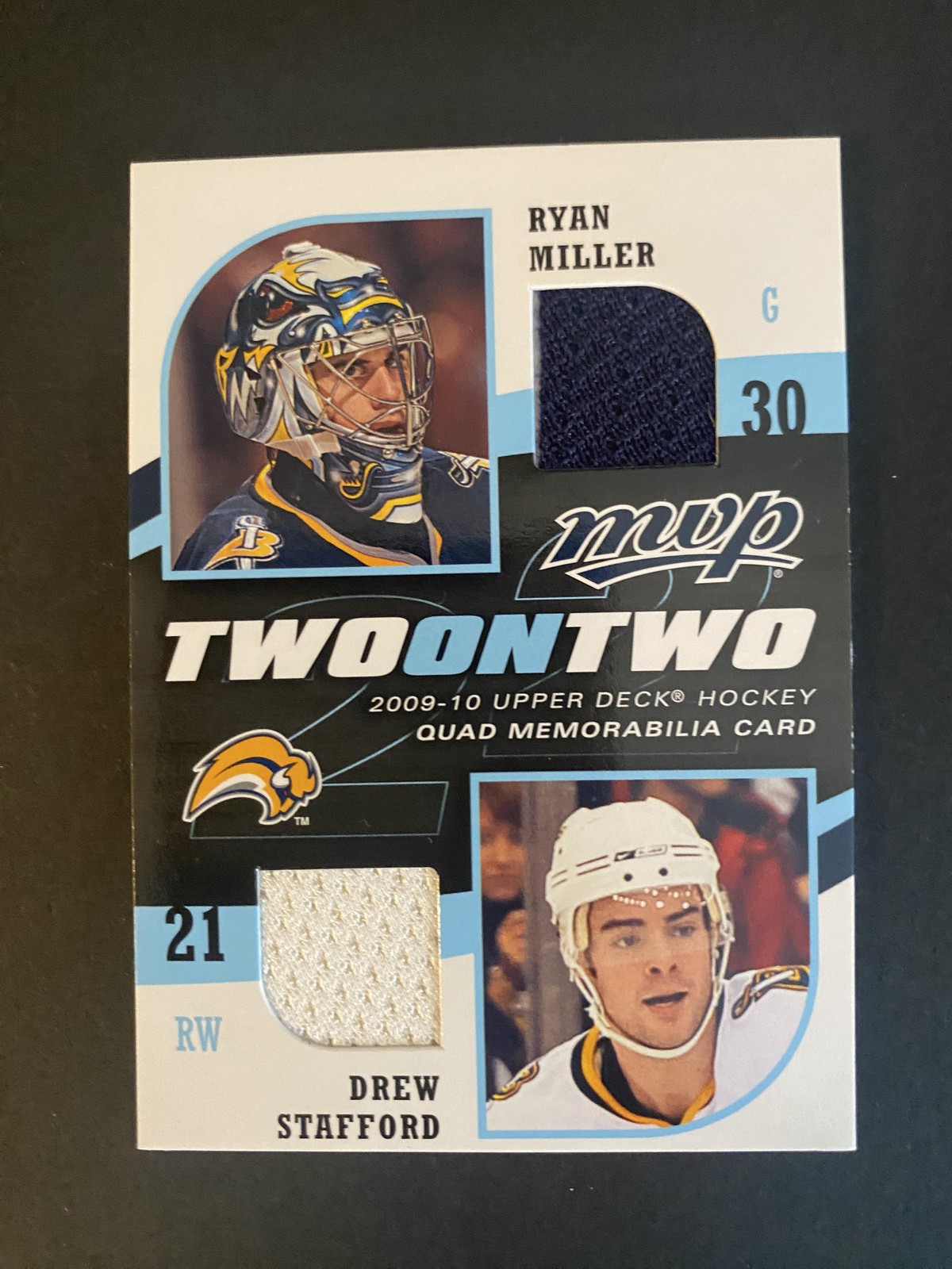 2009-10 UD MVP #J-TMSH Toskala / Hollweg / Stafford / Ryan Miller Quad Memo 2009-10 UD MVP #J-TMSH Toskala / Hollweg / Stafford / Ryan Miller Quad Memo