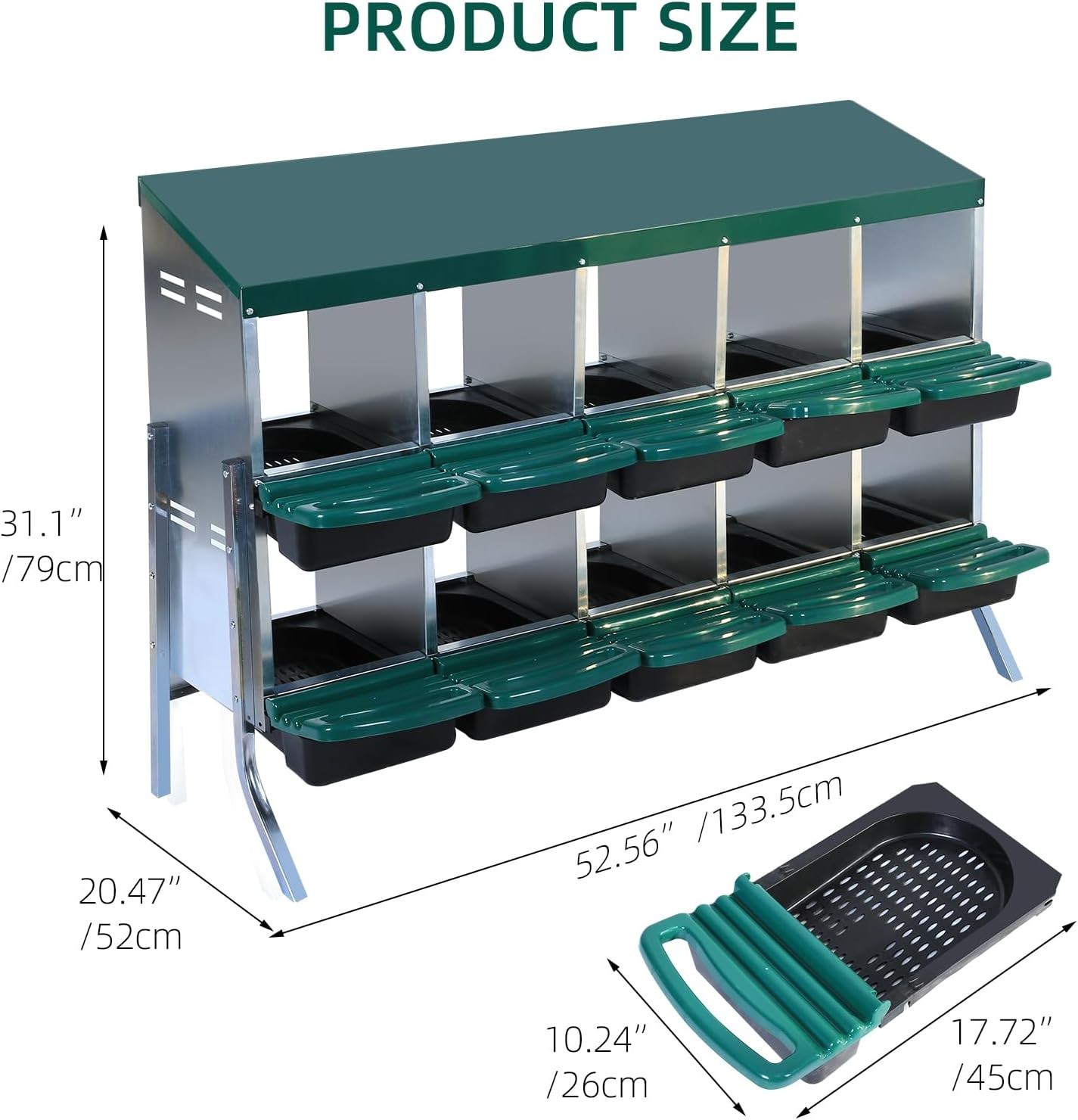 GRAVEE Chicken Nesting Box 10 Compartment Roll Away Laying Box Metal Leg