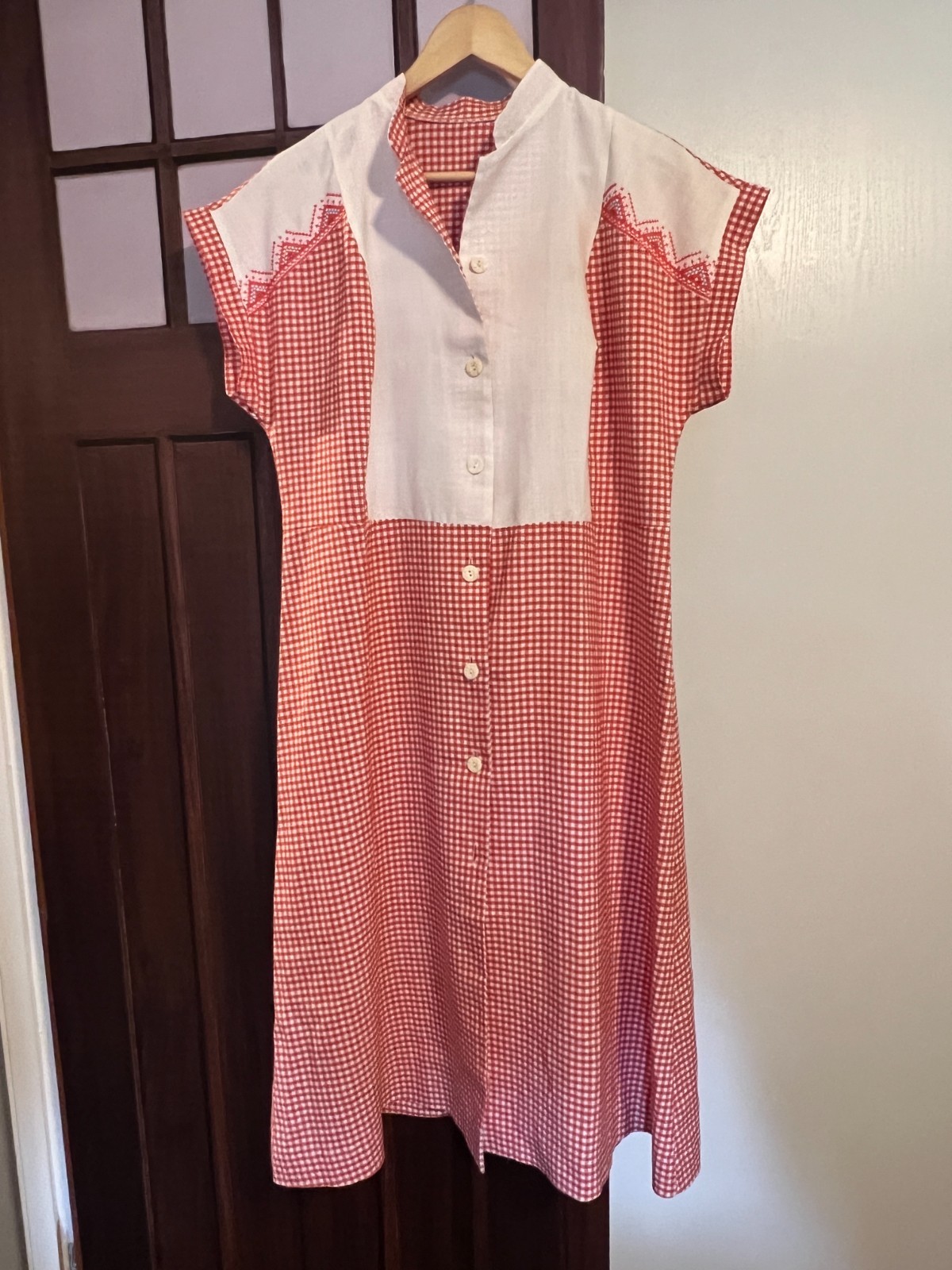 Vintage 1940s 1950s Red White Gingham Dress Hand Embroidered Yoke Cottage Core