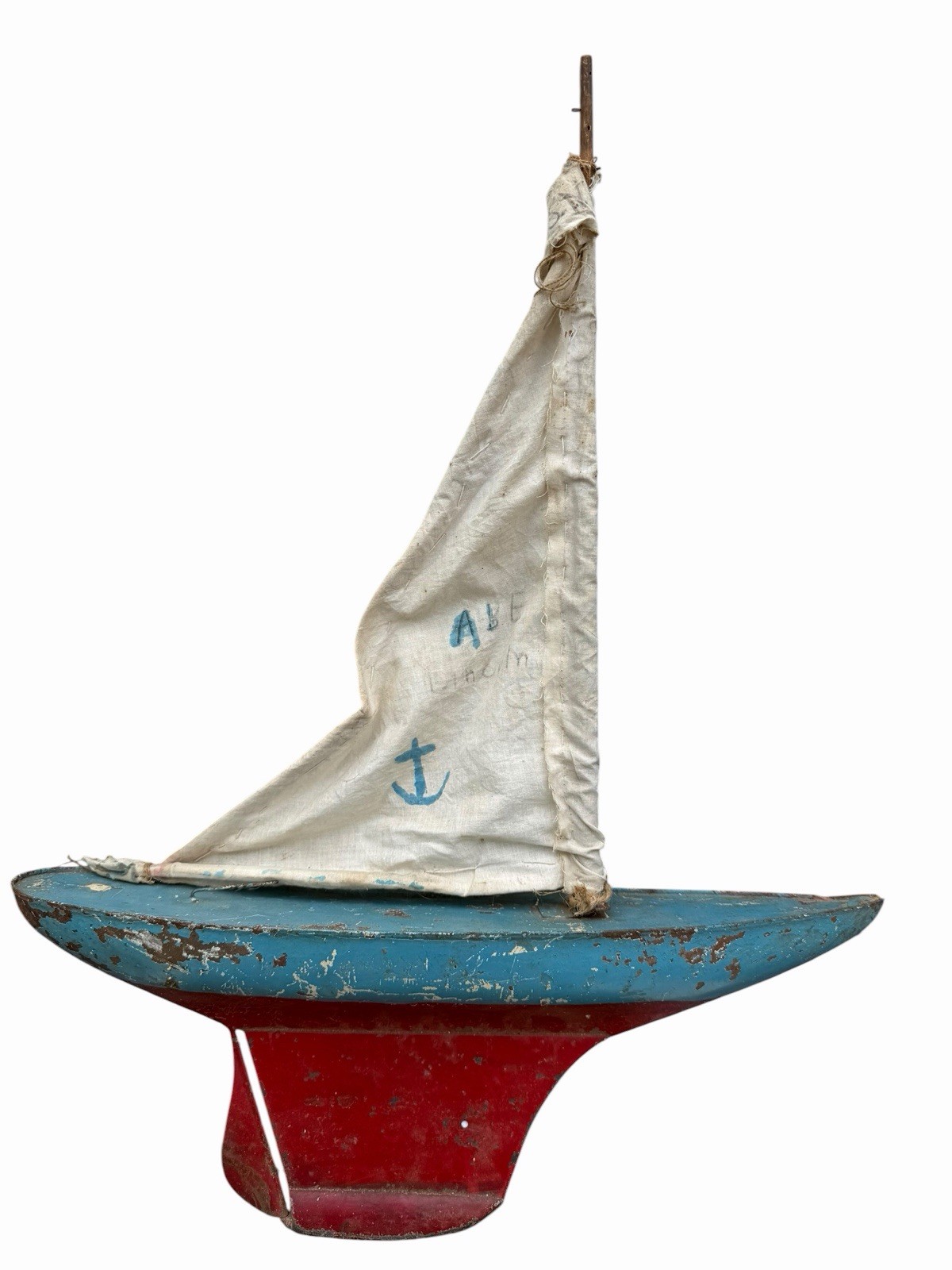 Antique Folk Art Pressed Metal Pond Sailboat Toy Cloth Sail Moving Rudder 20”