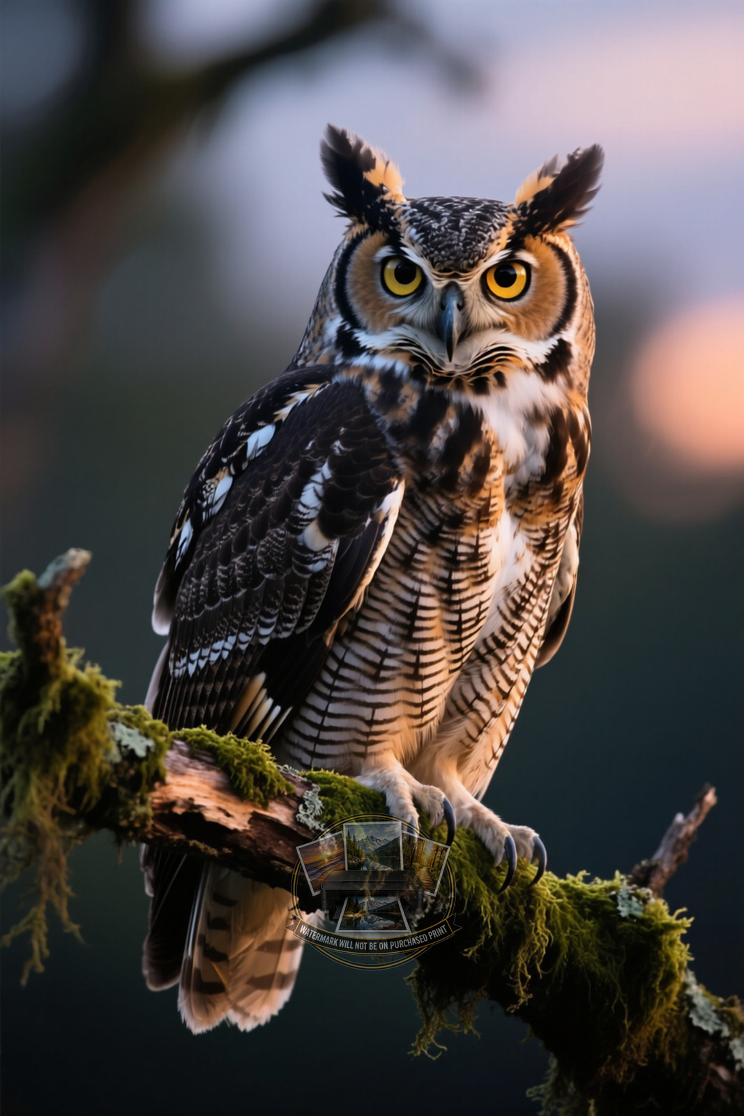 Great Horned Owl Perched Mossy Branch Feather Wall Art 4X6 Art Print