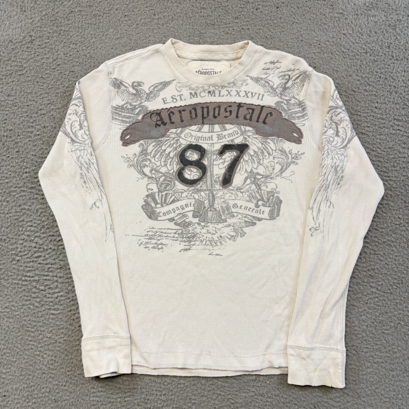Vintage Aeropostale Shirt Men Medium White Skull Thermal Waffle Knit Long Sleeve
