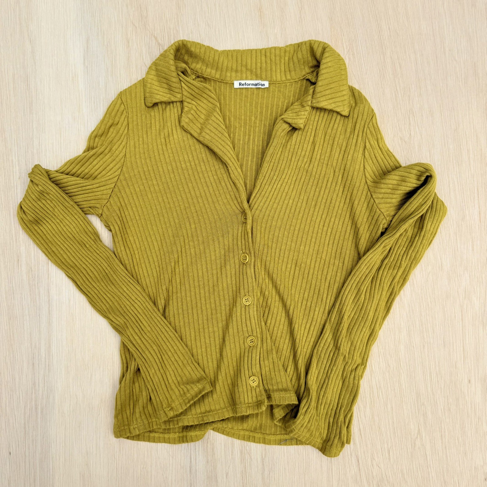 Reformation Button Up Ribbed V Neck Cotton Green Sweater M Reformation Button Up Ribbed V Neck Cotton Green Sweater M