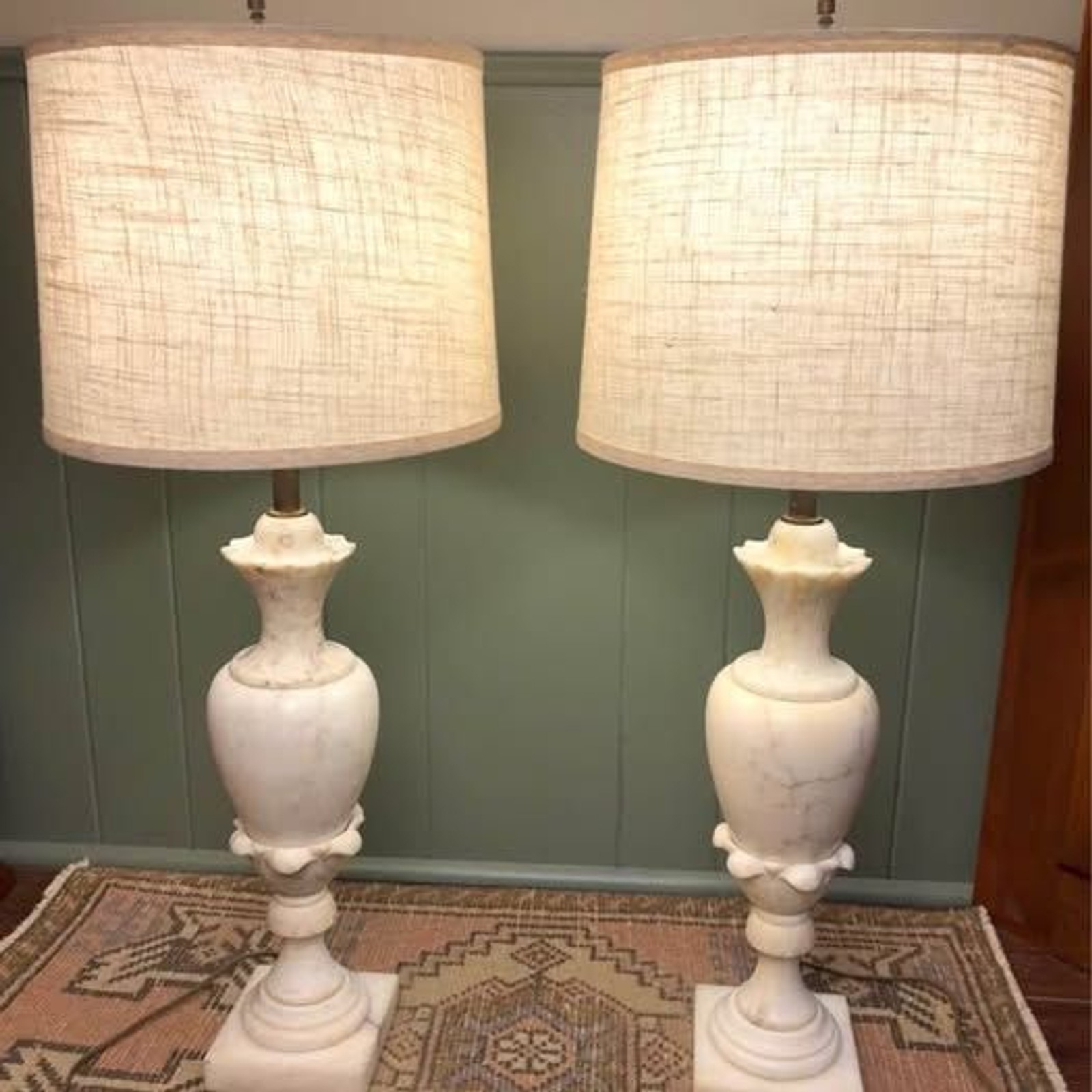 Pair of Vintage Alabaster Urn Lamps with Shades