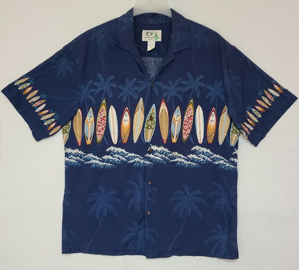 Vtg KY’s Hawaiian AOP Surf Boards Blue Camp Shirt Hawaii USA Mens Sz XL (ZE)
