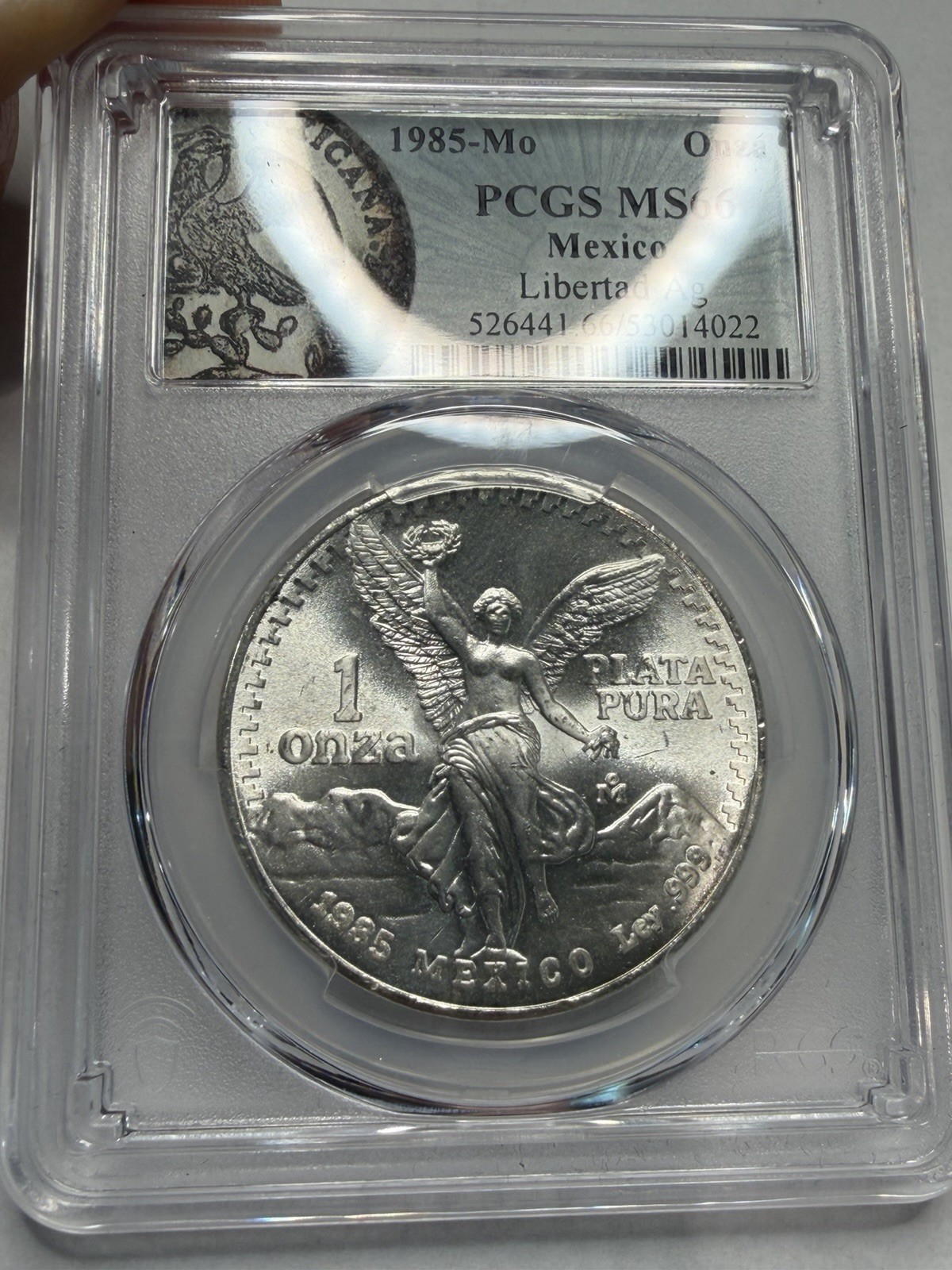 1985 Mo Mexico 1 Onza Silver Libertad PCGS MS66 Mexico Green Label Great Luster