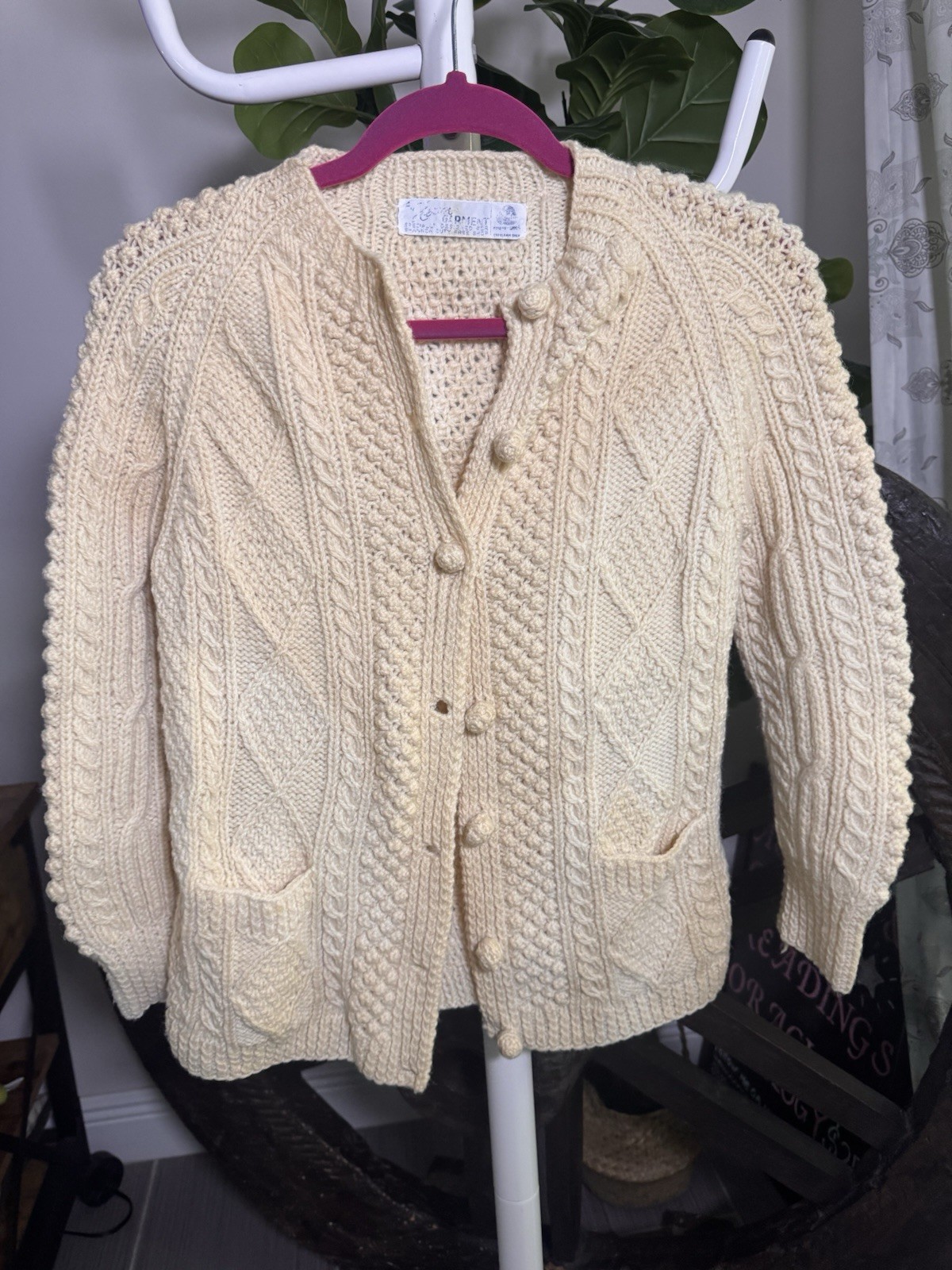 VTG Heron Ireland Wool Cable Knit Fisherman Cardigan Sweater Shannon Duty Free S