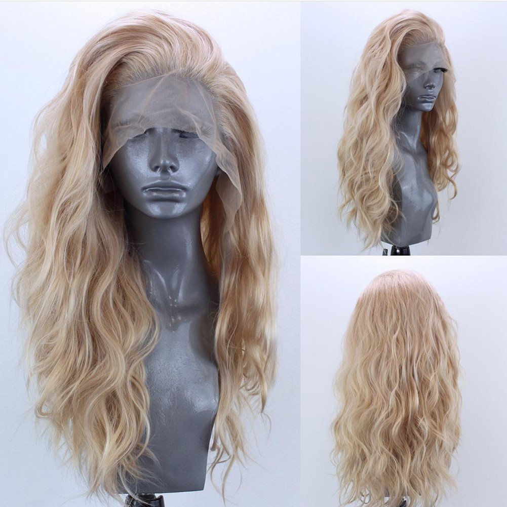 Long Wavy Blonde Mix Lace Front Heat Resistant Fiber Wigs Women Soft Natural
