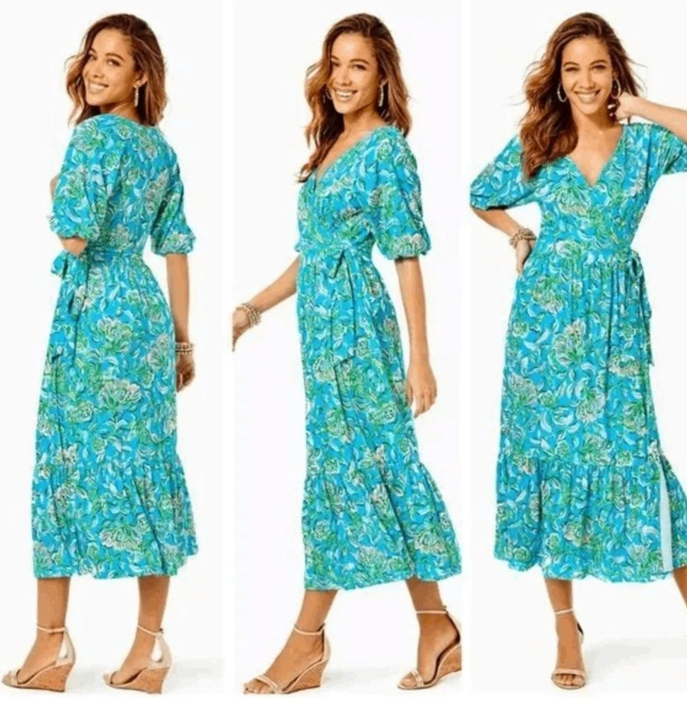 Lilly Pulitzer Brantley Midi Wrap Dress Turquoise Floral XS NWT $228