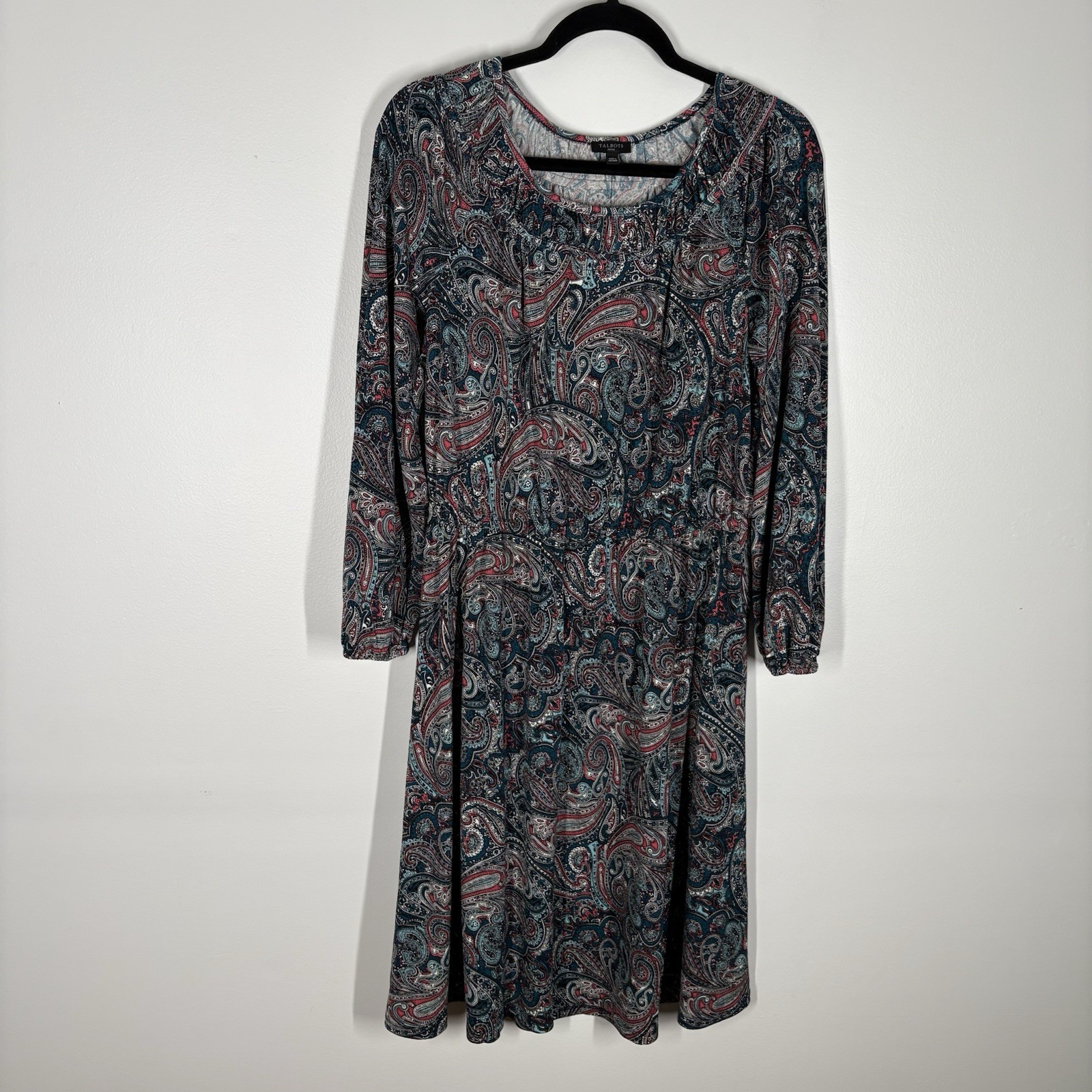 Talbots Women MP Bright Paisley Long Sleeve Jersey Smocked Fit & Flare Dress NWT