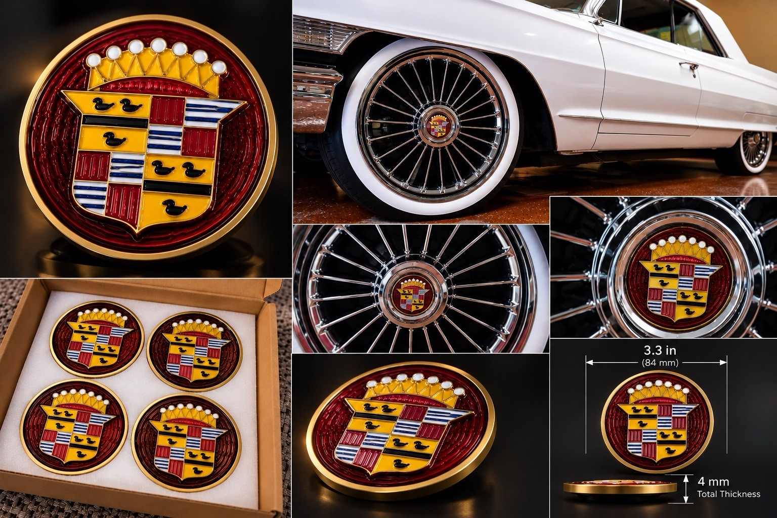 1940s Style Cadillac Crest Wheel Center Cap Emblems 3.3” Set of 4 Vintage