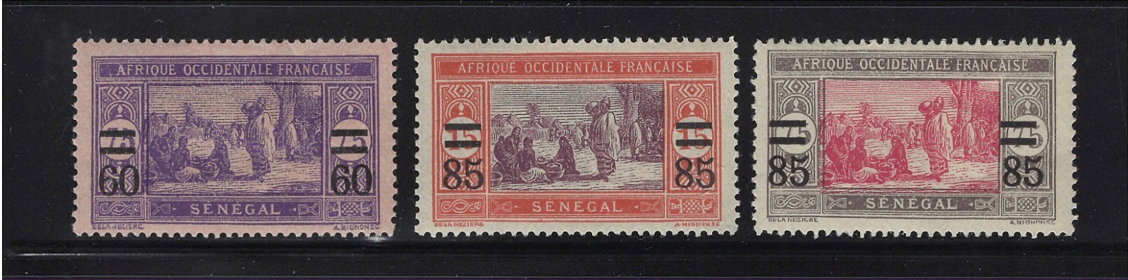 Senegal Scott # 123, 125-126 MH HR Surcharged Singles 1922-1925