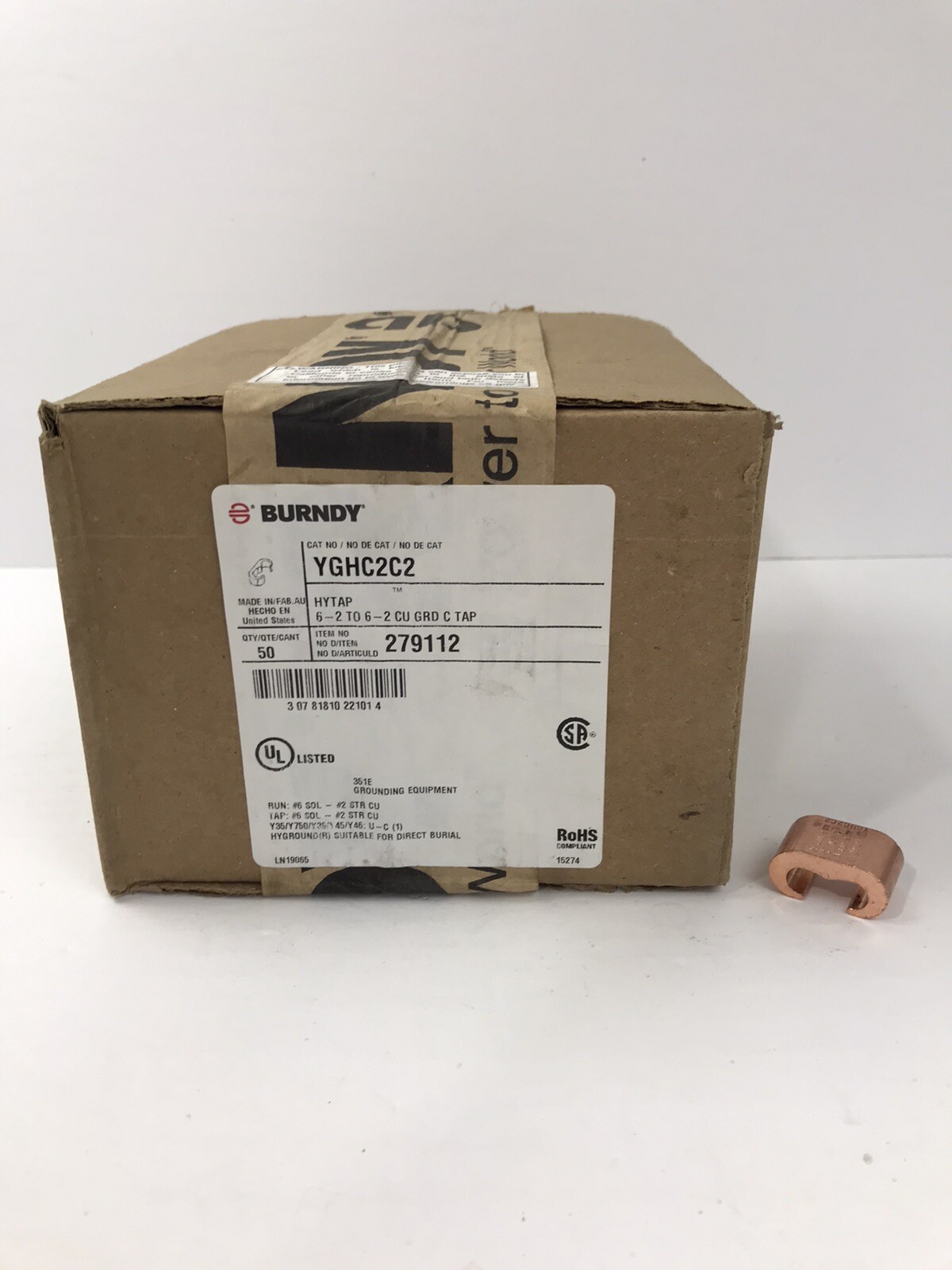 (1 Tap) Burndy YGHC2C2 Hytap Grounding Compression C-Tap 6-2 To 6-2 ~NEW~