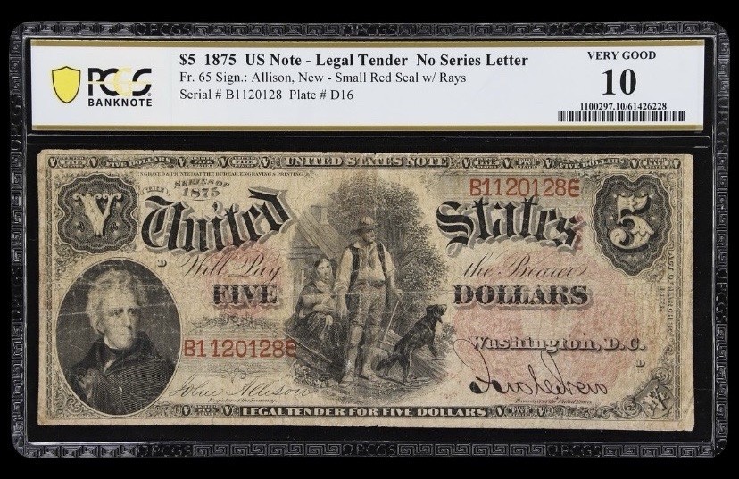1875 Legal Tender $5 Fr: 65 Woodchopper US Bank Note Currency, USA Banknote PCGS 1875 Legal Tender $5 Fr: 65 Woodchopper US Bank Note Currency, USA Banknote PCGS