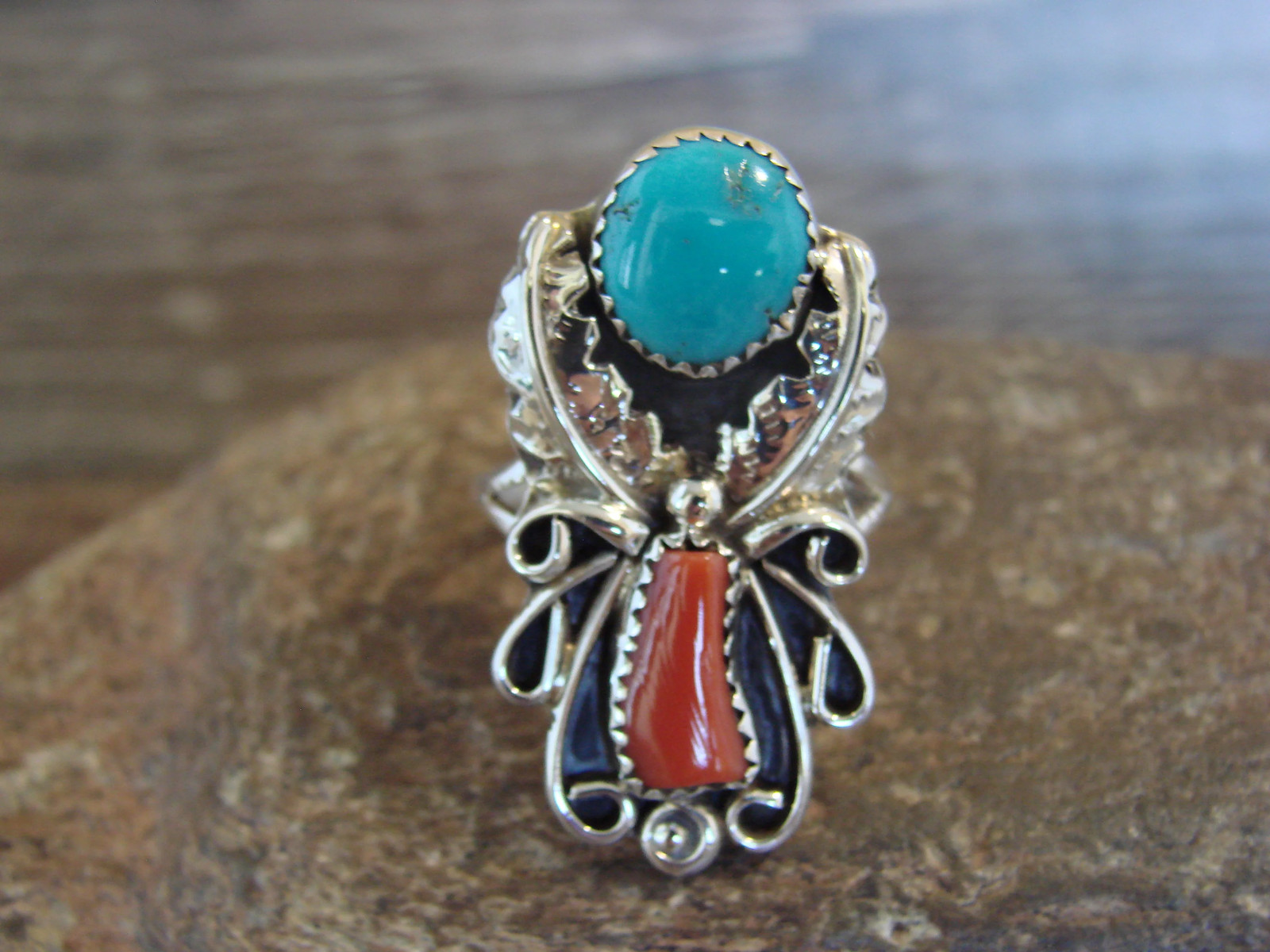 Native American Sterling Silver Turquoise & Coral Ring - Size 9 - Signed HBY