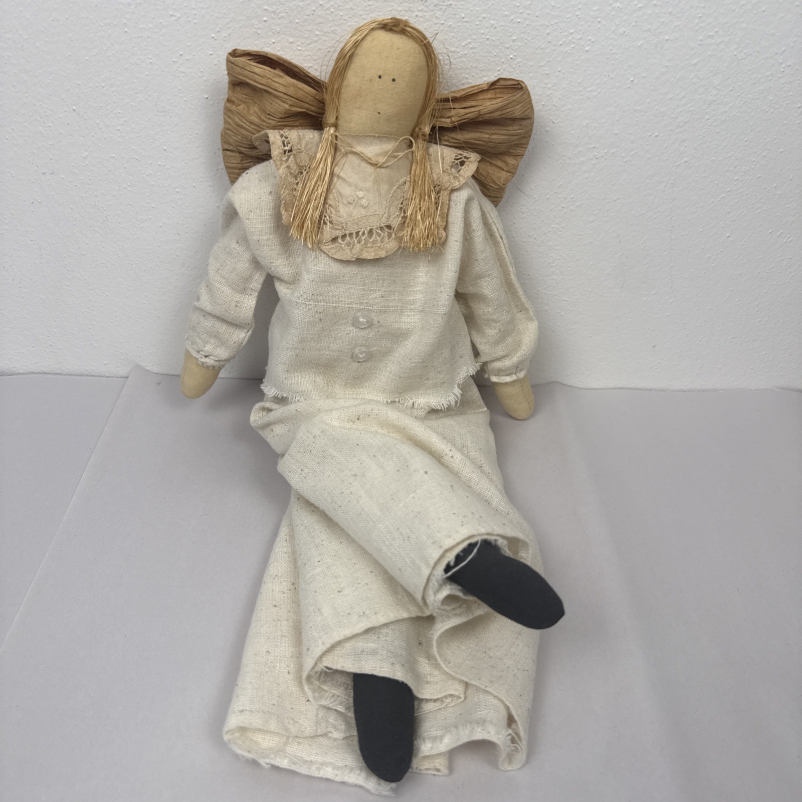 Vintage Handmade Primitive Folk Art Doll Angel Straw Hair 16” Cottagecore