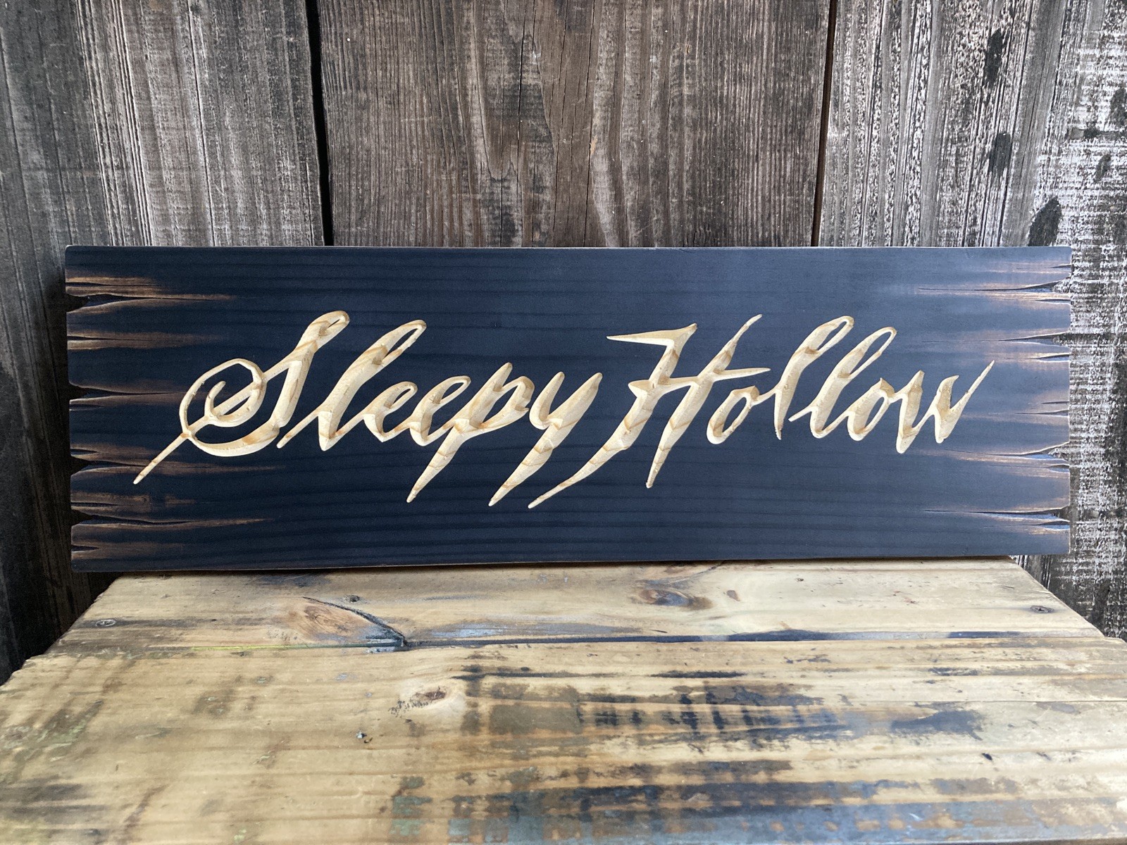 Halloween Sleepy Hollow Wooden Sign Carved Rustic Antique Look Halloween Sleepy Hollow Wooden Sign Carved Rustic Antique Look