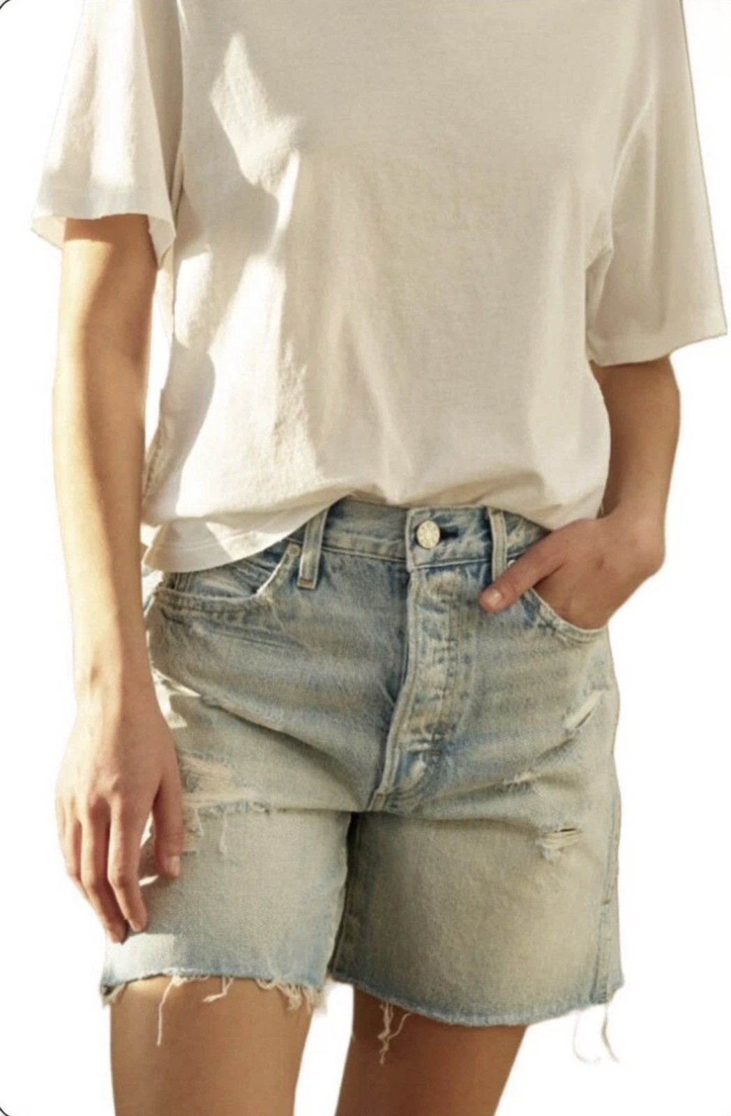 AMO DENIM Midi Shorts. Women’s Size 28 Vintage Destroy Made in USA Retail $245