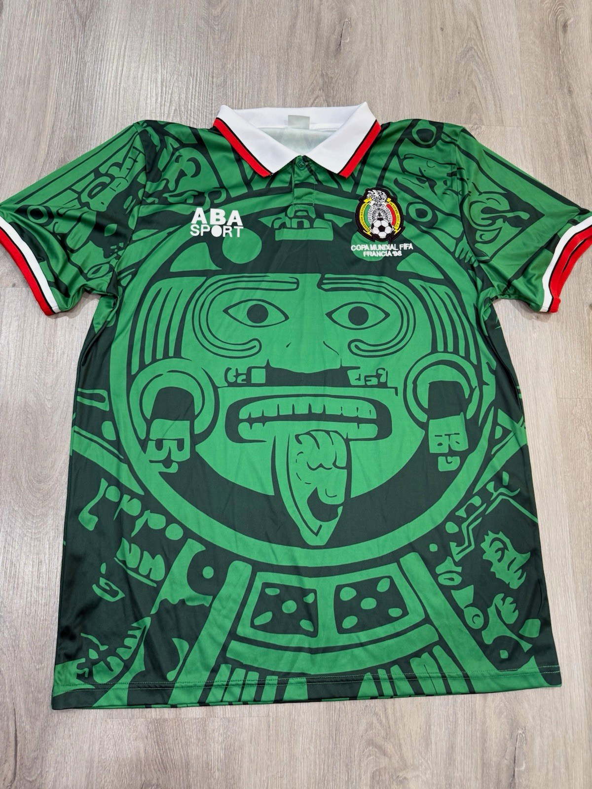 Mexico 1998 World Cup Style Soccer Jersey Green Aztec Design 21.25x28.5 Mexico 1998 World Cup Style Soccer Jersey Green Aztec Design 21.25x28.5