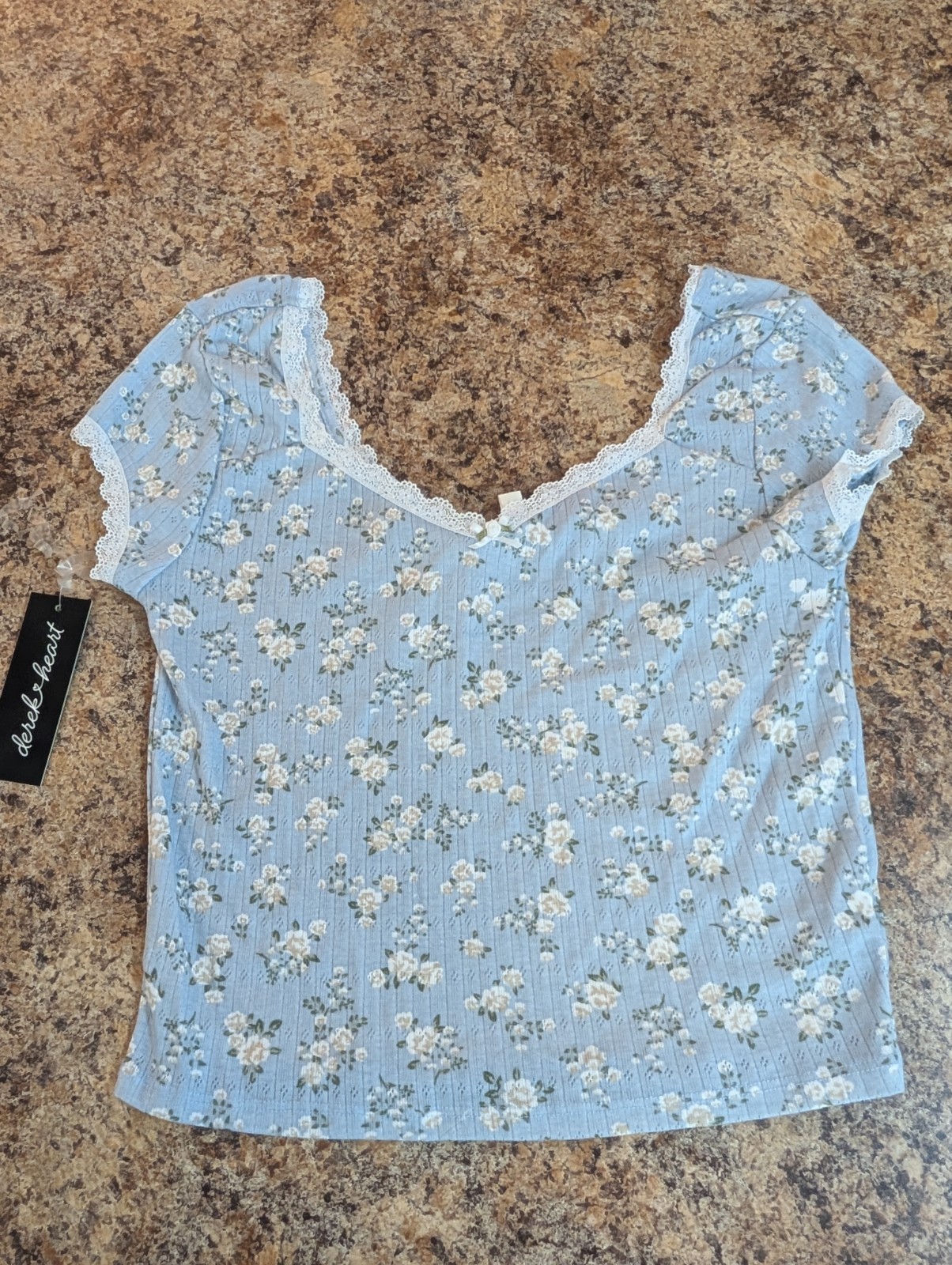 Derek Heart Baby Blue Sweetheart Rose Gingham Floral Lace Top Junior L new tags