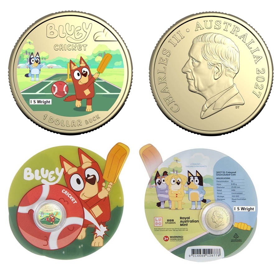 Australia 2027 $1 Bluey Cricket.  Coloured Uncirculated Coin . SENT TRACKED
