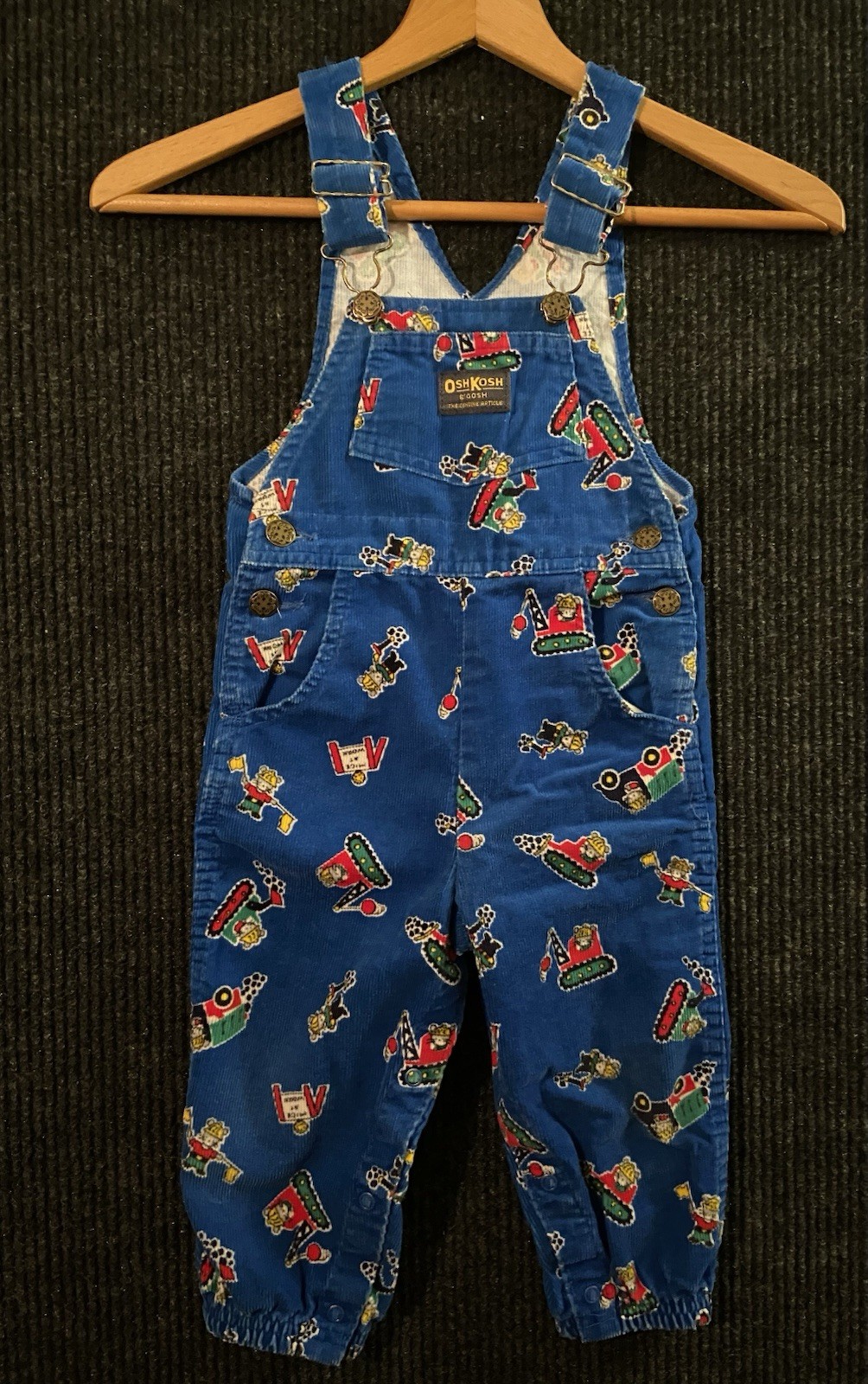 Vintage Osh Kosh B’gosh Kids Overalls All Over Print Sz 3T Mice & Bulldozers