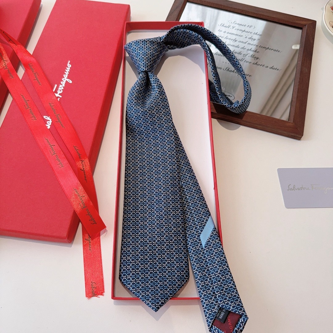 Salvatore Ferragamo Men Silk Tie,Blue Interlocking Pattern Salvatore Ferragamo Men Silk Tie,Blue Interlocking Pattern