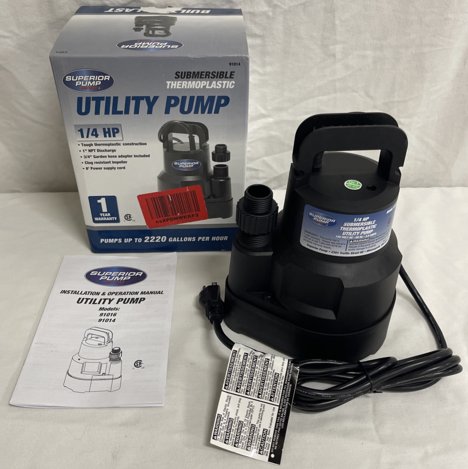 Superior Pump 91014 1/4 HP Submersible Utility Pump 2220 GPH Open Box
