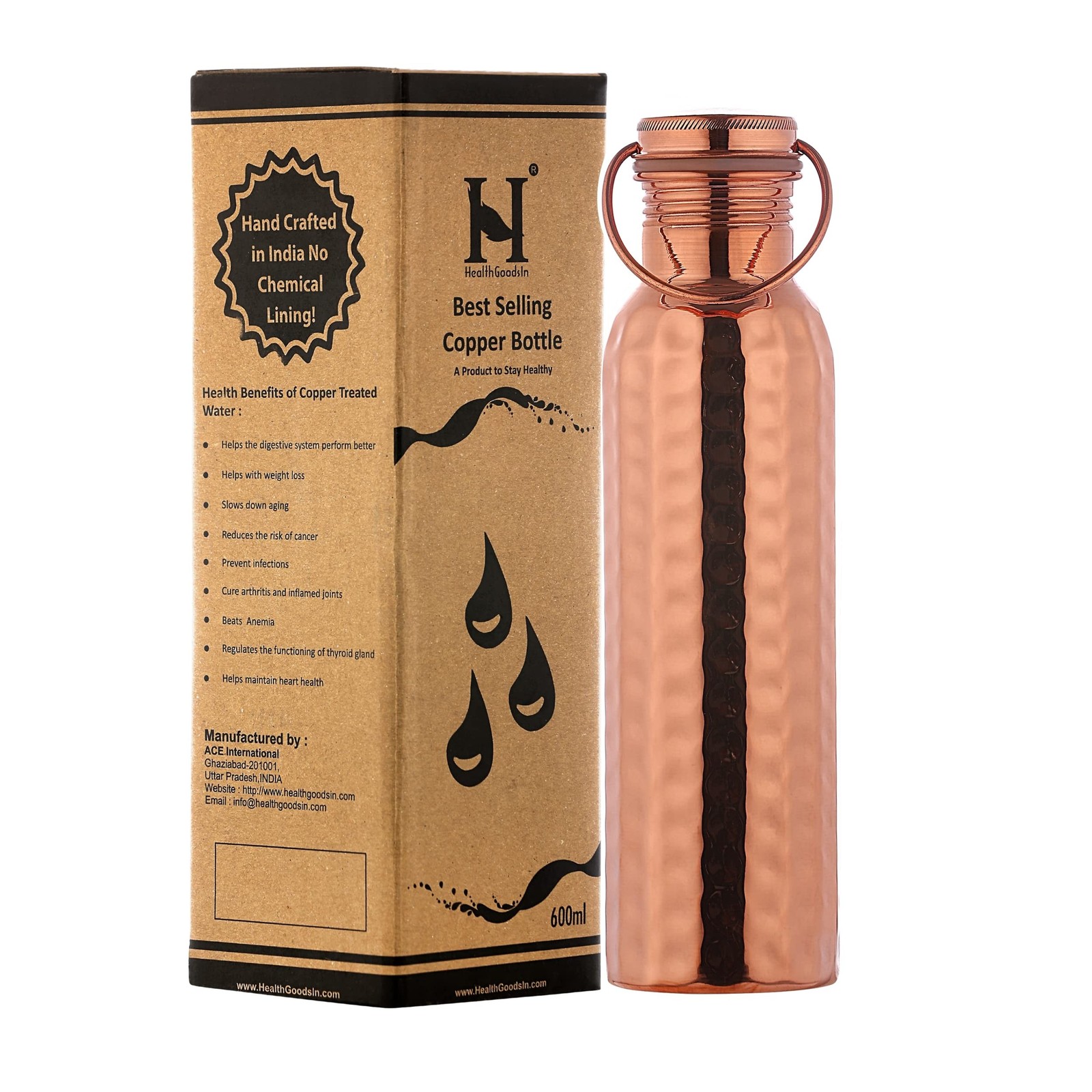HealthGoodsIn - Pure Copper Hammered Water Bottle with Carrying Handle 600 Ml...