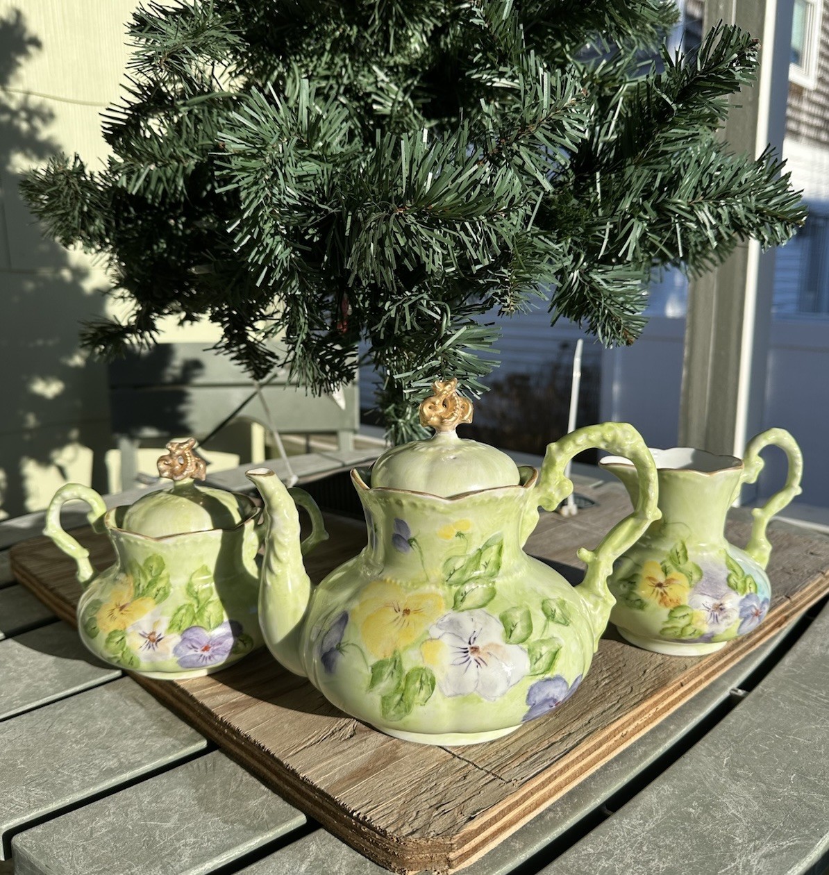 VTG Hand Painted Teapot Creamer & Sugar Green Floral Unmarked Porcelain Signed VTG Hand Painted Teapot Creamer & Sugar Green Floral Unmarked Porcelain Signed