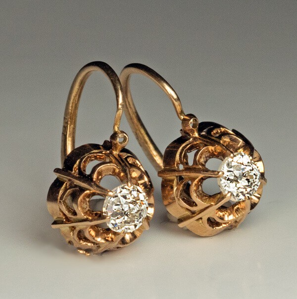 Antique Victorian Era Old Mine Openwork Drop Dangle 14KRose Gold Plated Earrings
