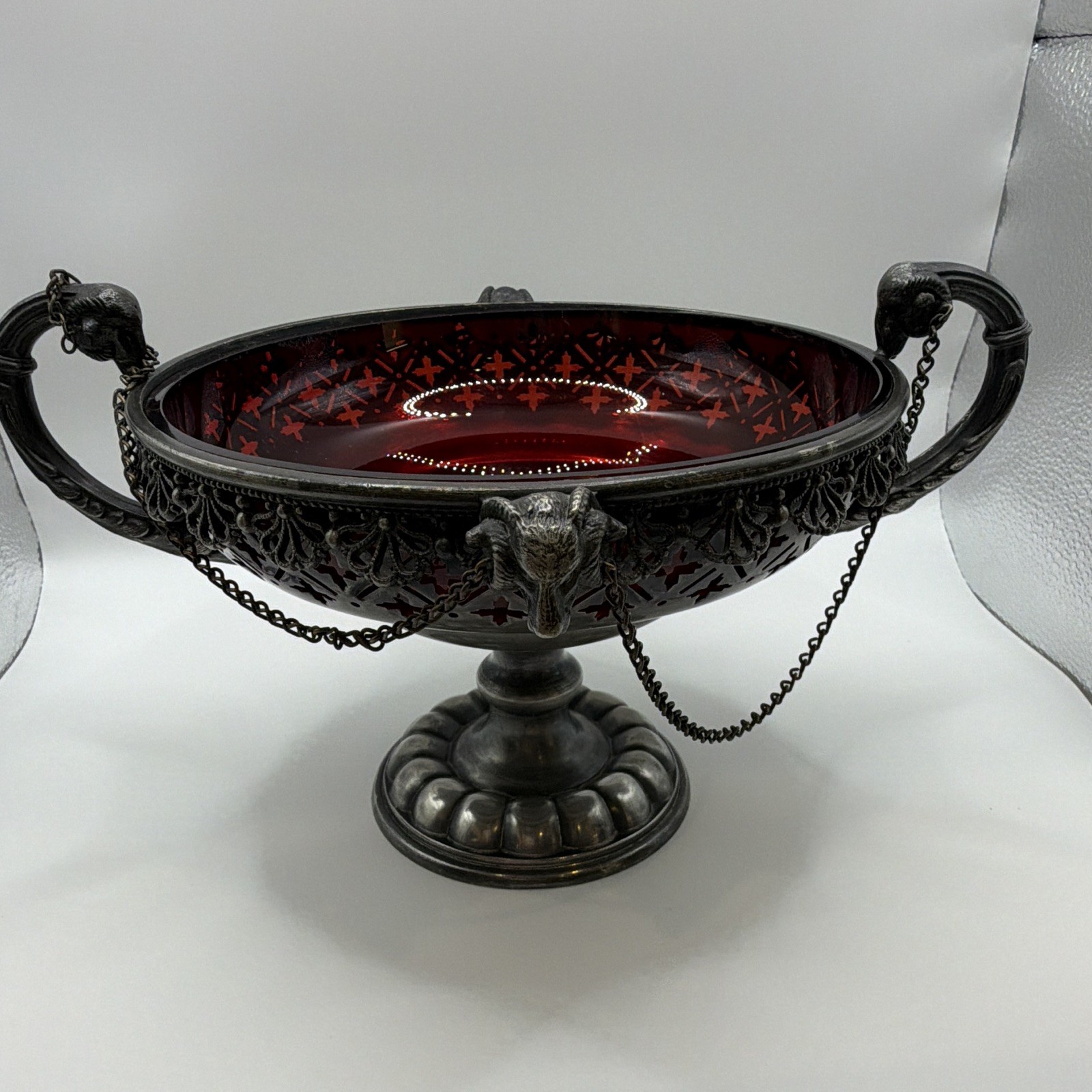 Antique Victorian Silverplate Ram Head Centerpiece Bowl Ruby Red Cut Glass Liner Antique Victorian Silverplate Ram Head Centerpiece Bowl Ruby Red Cut Glass Liner