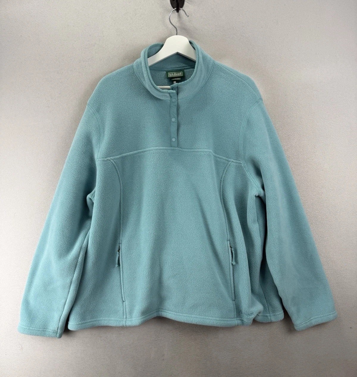 Vintage L.L. Bean Fleece Pullover 3X Seafoam Blue Snap Neck Zip Pockets Plus
