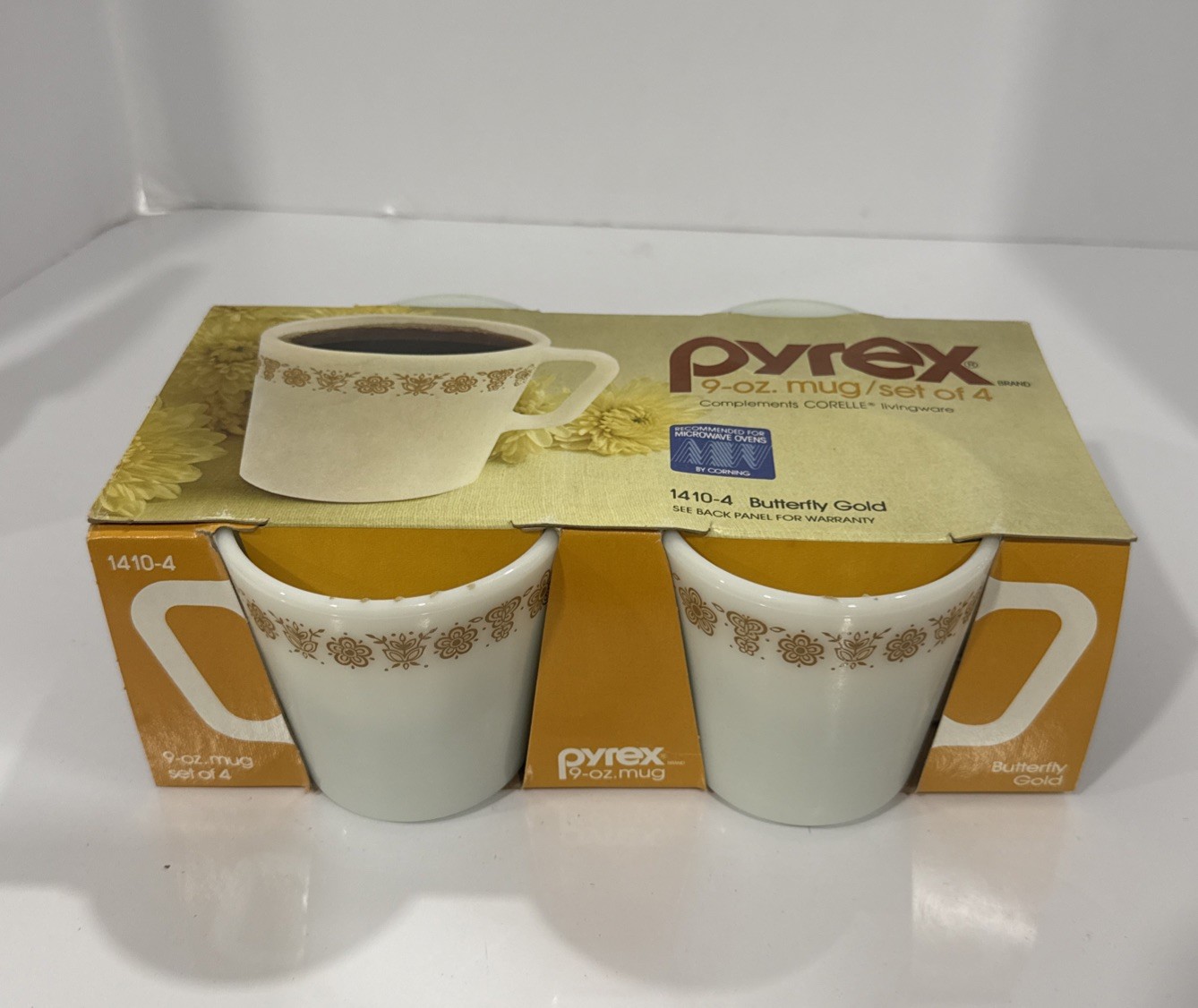 Vintage Pyrex 1410-4 9 Oz Coffee Mug Set Of 4 Butterfly Gold New In Box Vintage Pyrex 1410-4 9 Oz Coffee Mug Set Of 4 Butterfly Gold New In Box