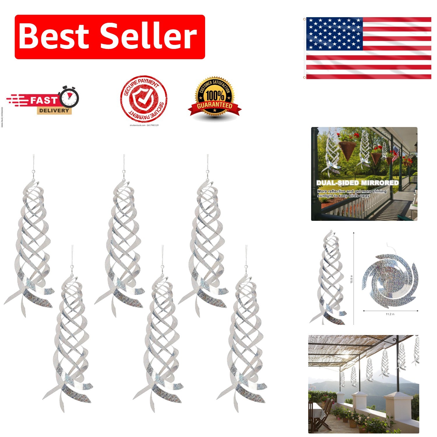 6-Pack Silver Mylar Bird Repellent Spiral Reflectors - Eco-Friendly Decor 6-Pack Silver Mylar Bird Repellent Spiral Reflectors - Eco-Friendly Decor
