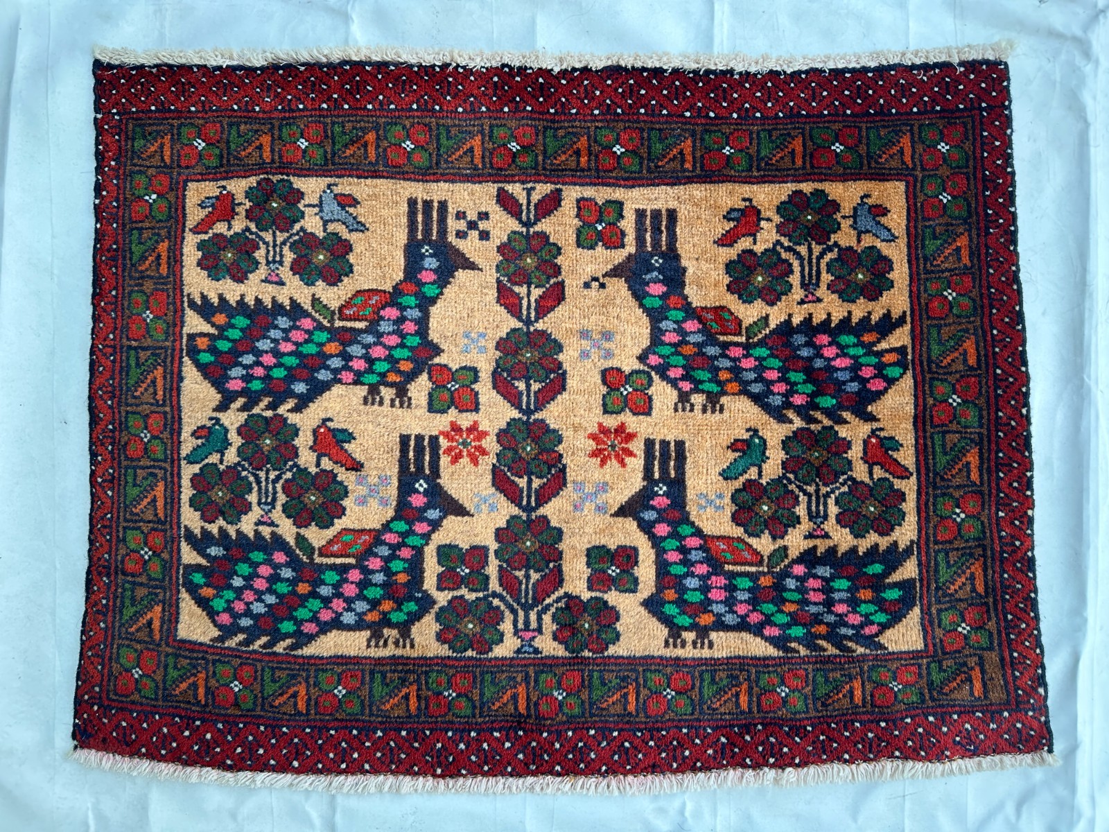 2x2 ft, Fine Hand Knotted Afghan Tribal Vintage Pictorial Peacock Rug