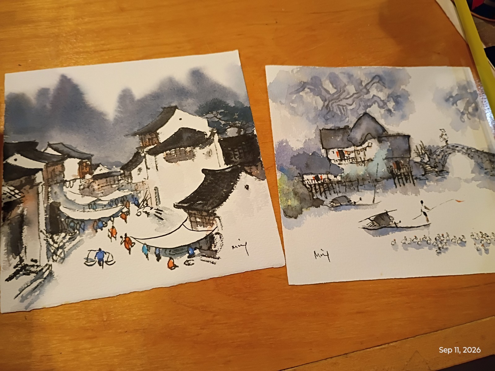 2 Signed Original Chinese Traditional INK COLORS Watercolors Painting Ooak MINI 