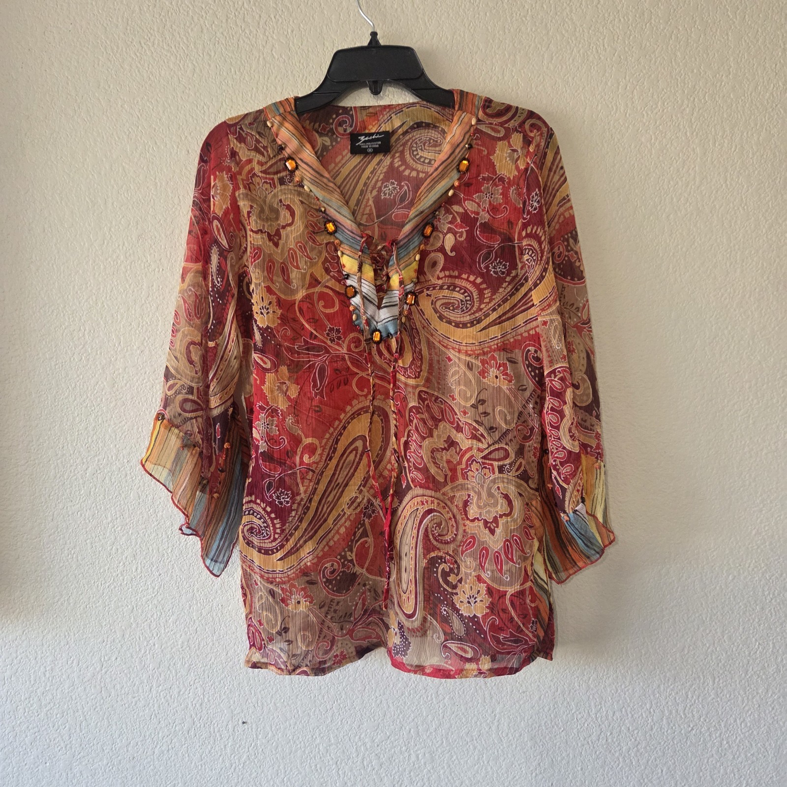 Zashi Women\'s Multicolor Paisley Long Sleeve Sheer Beaded Blouse Top Size Medium