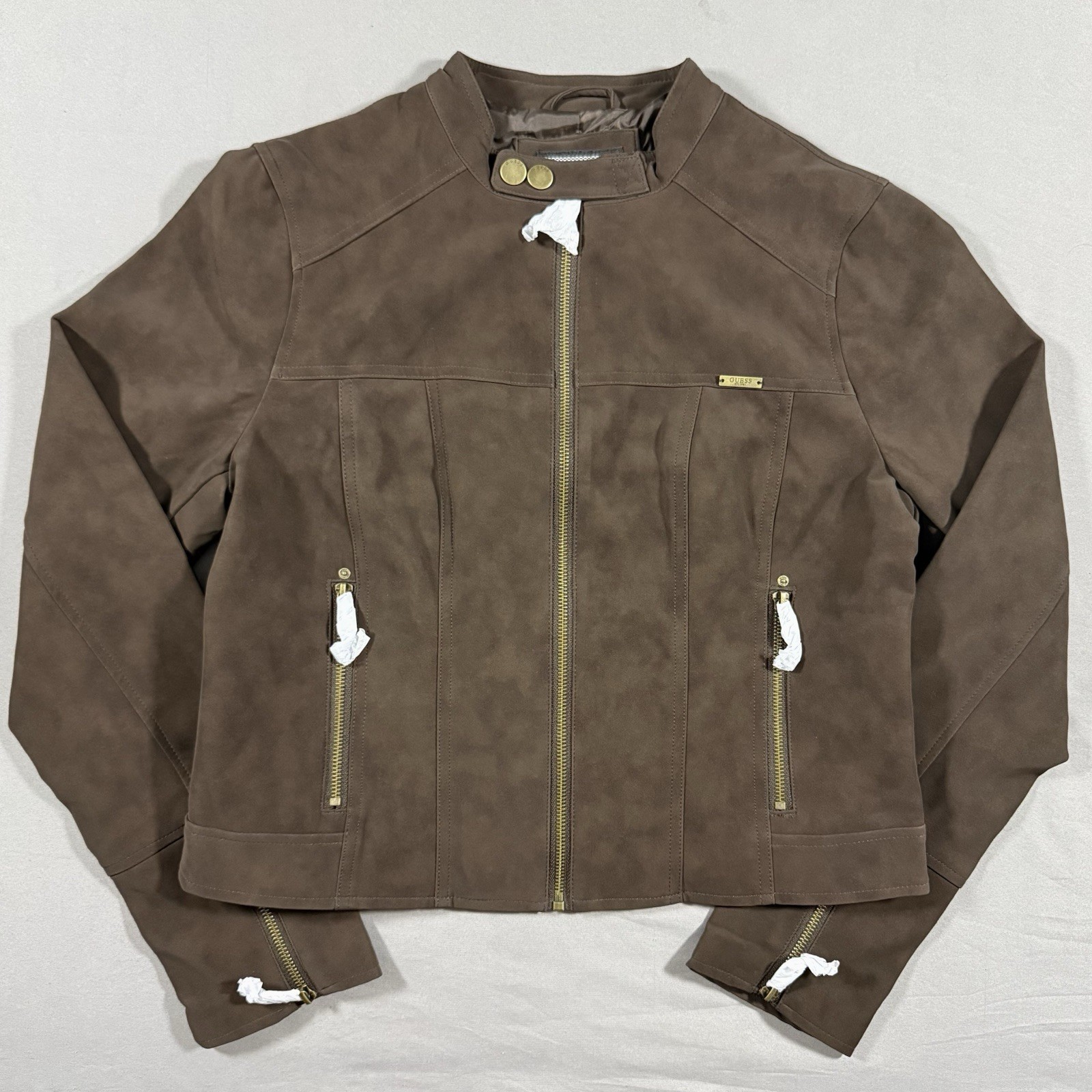 GUESS Chocolate Brown Faux Suede Moto Jacket Size L Large NWT Gold Hardware GUESS Chocolate Brown Faux Suede Moto Jacket Size L Large NWT Gold Hardware